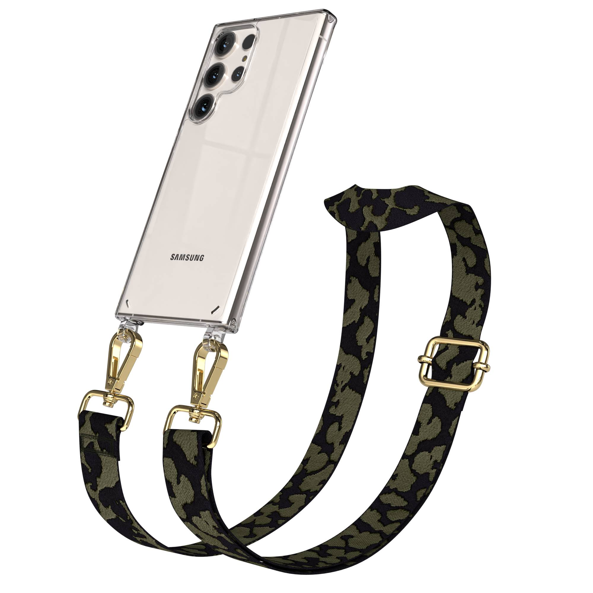 Ein Samsung Smartphone in einer durchsichtigen Hülle mit einem Camouflage-Trageriemen.