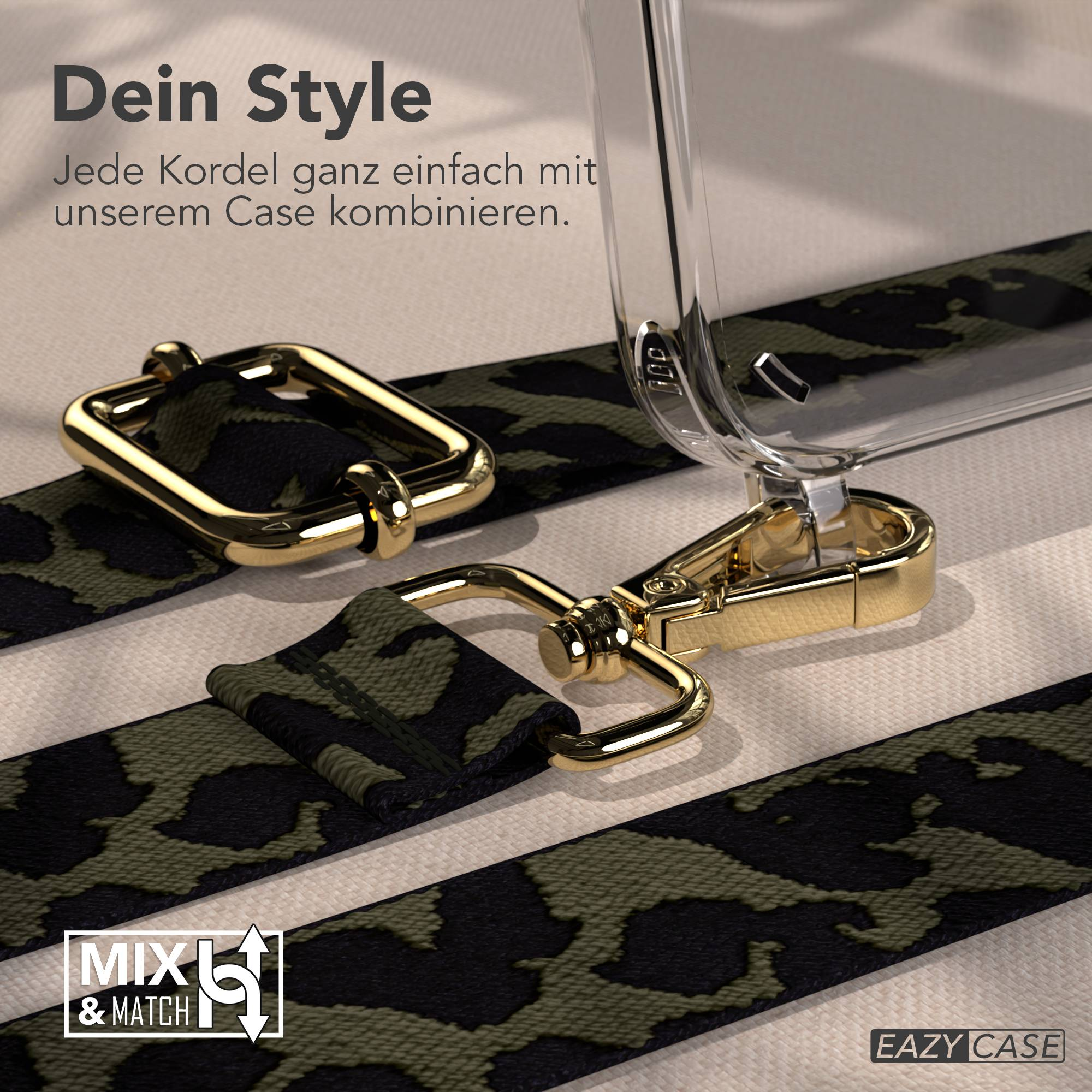 Eine durchsichtige Handyhülle mit Camouflage-Gurt und Goldbeschlägen auf strukturierter Oberfläche.
