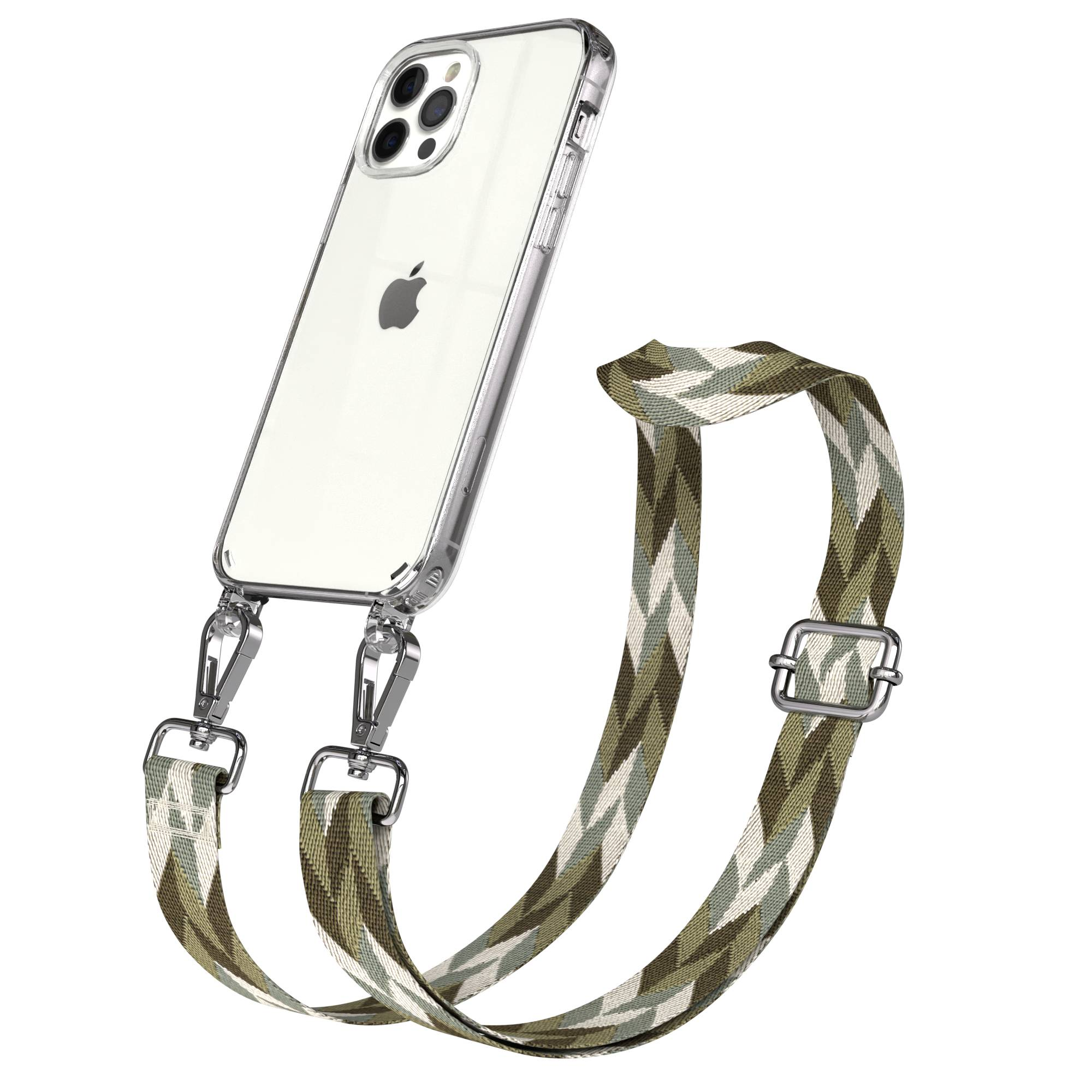 Klare iPhone-Hülle mit einem Camouflage-Muster-Riemen in Khaki, Weiß und Grün.