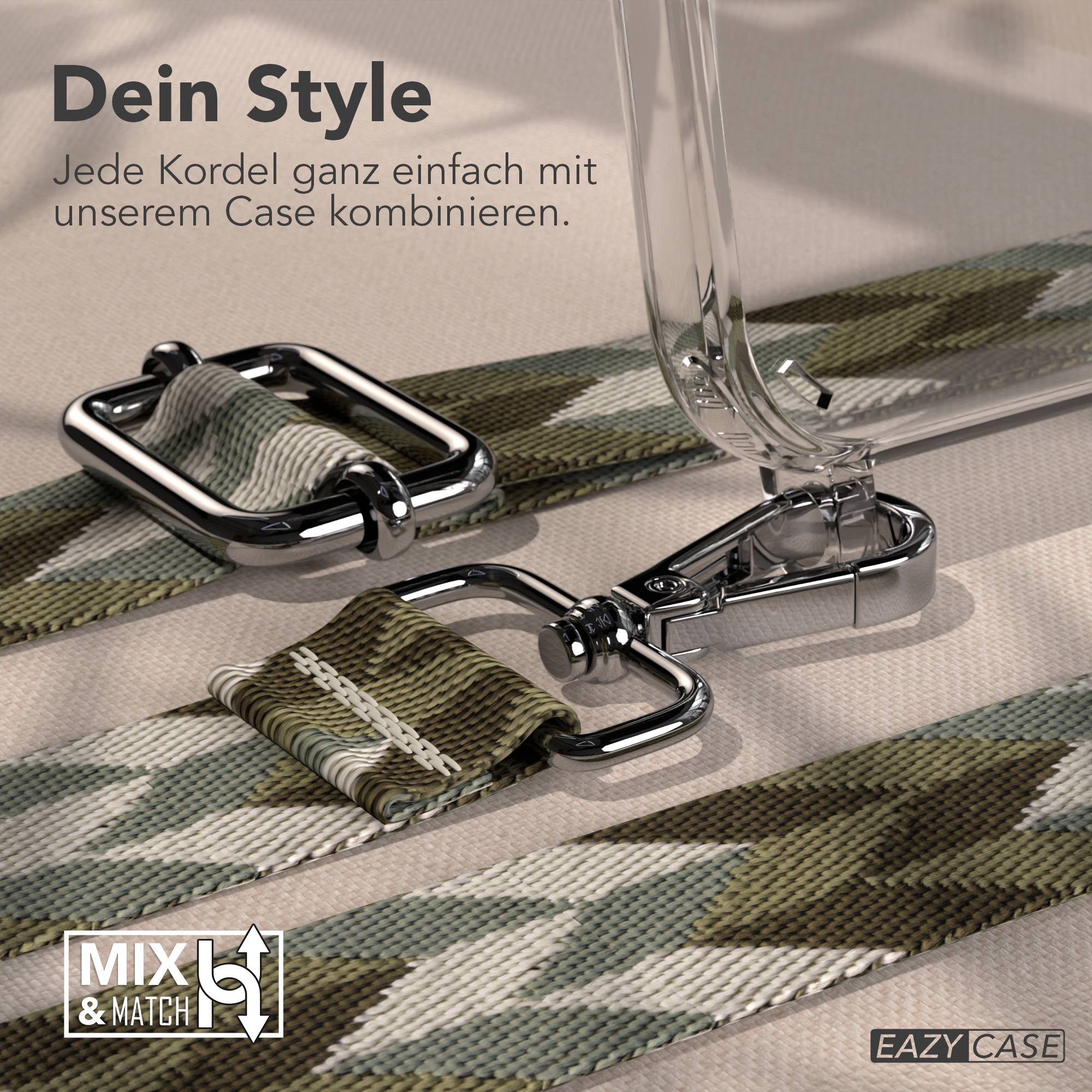 Ein Camouflage-Band mit silbernen Schnallen und einem transparenten Handyhüllen-Teil.