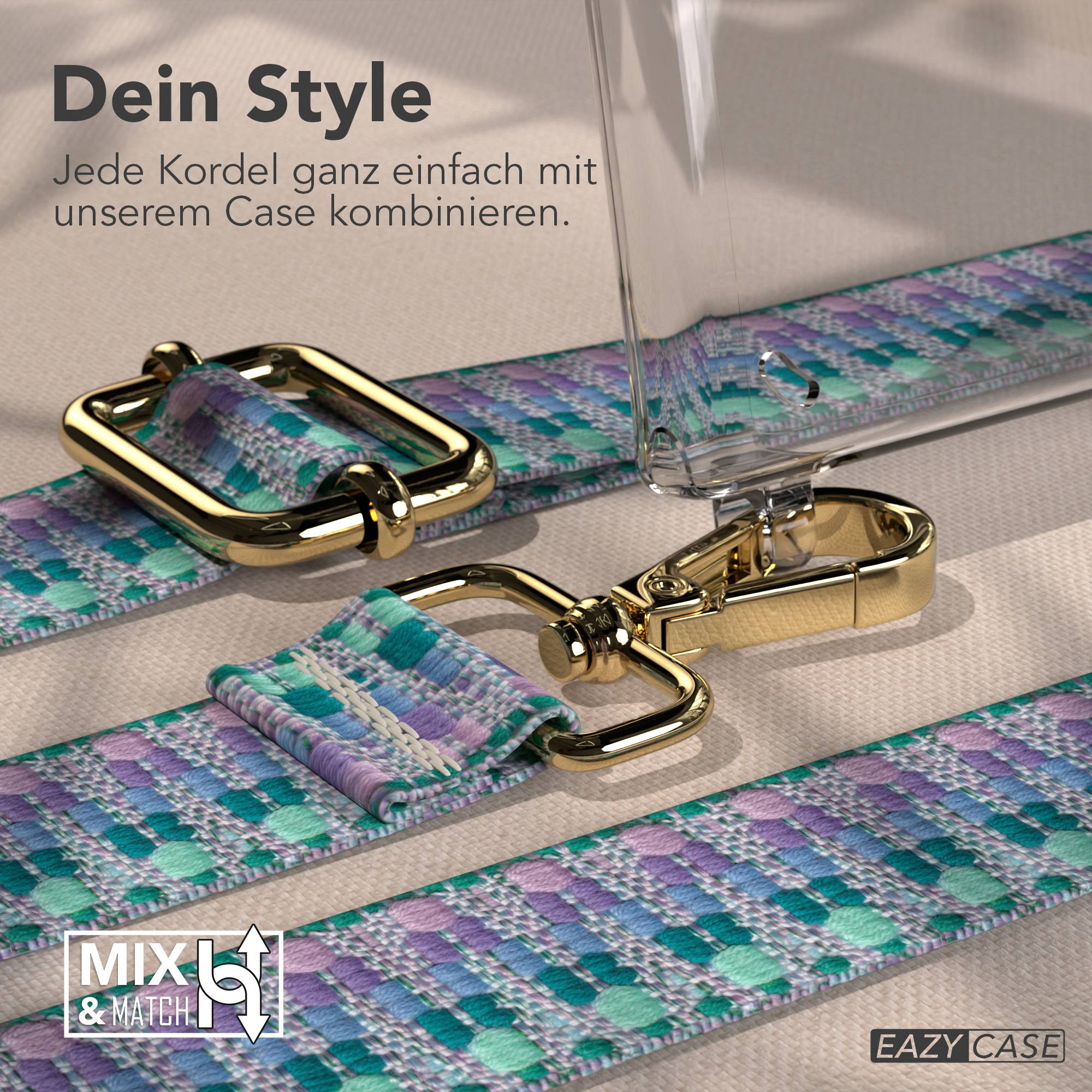 Ein gemusterter Gurt mit goldener Hardware und Hülle.