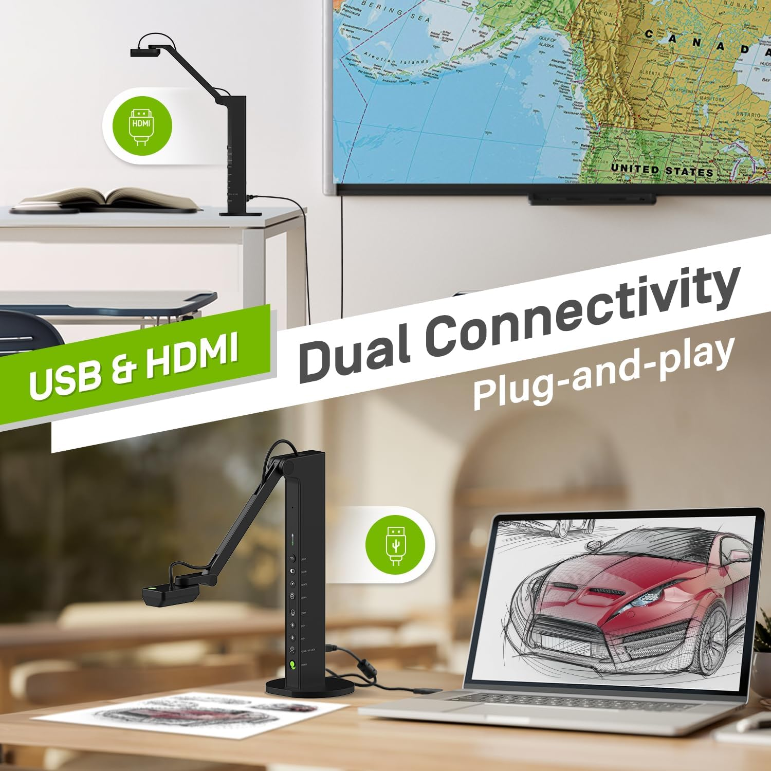 Dokumentenkamera mit USB- & HDMI-Anschluss, gezeigt mit einem Laptop, der eine Autoskizze anzeigt.