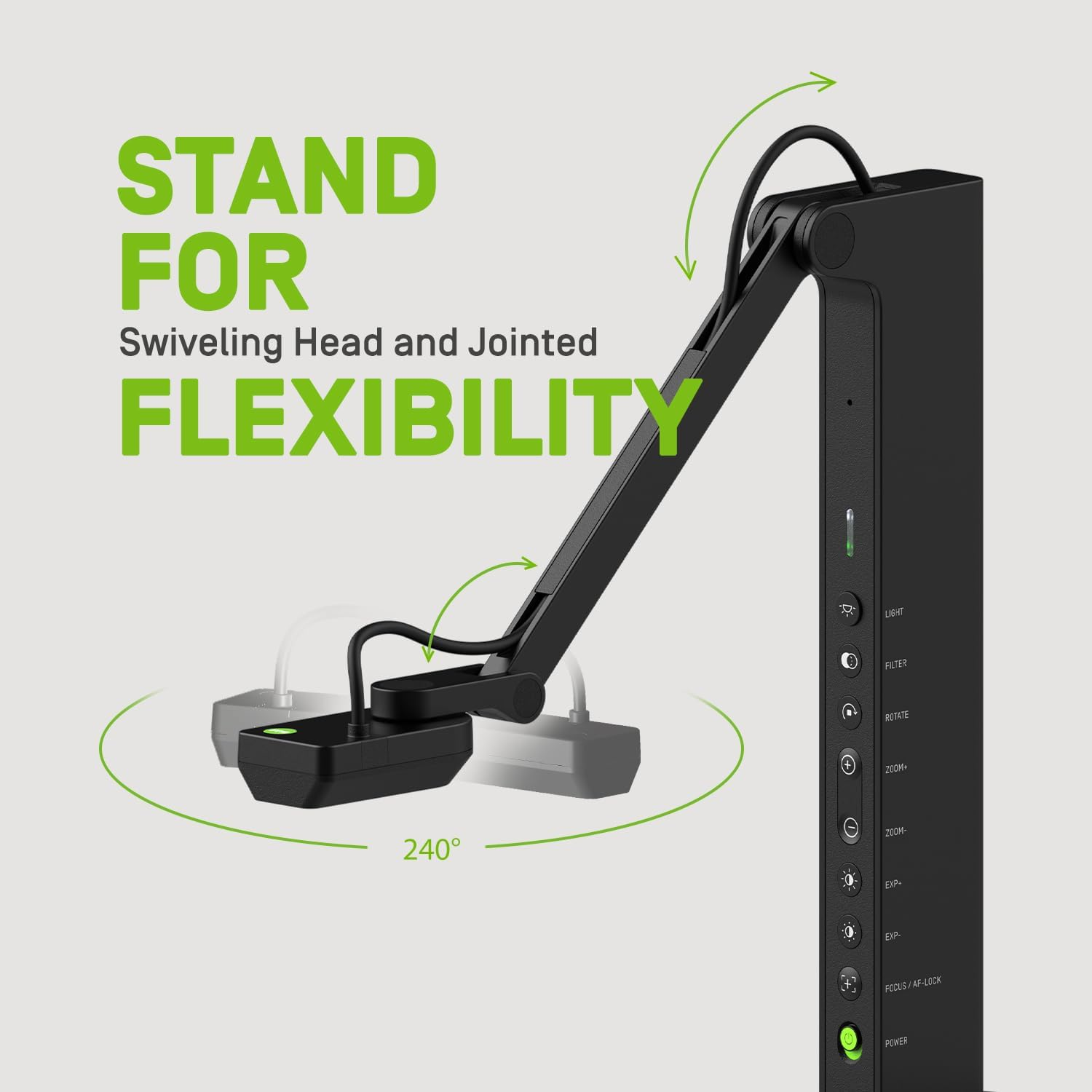 Schwarze Dokumentenkamera mit flexiblem Arm und Bedienelementen. Text: Stehen für Flexibilität.