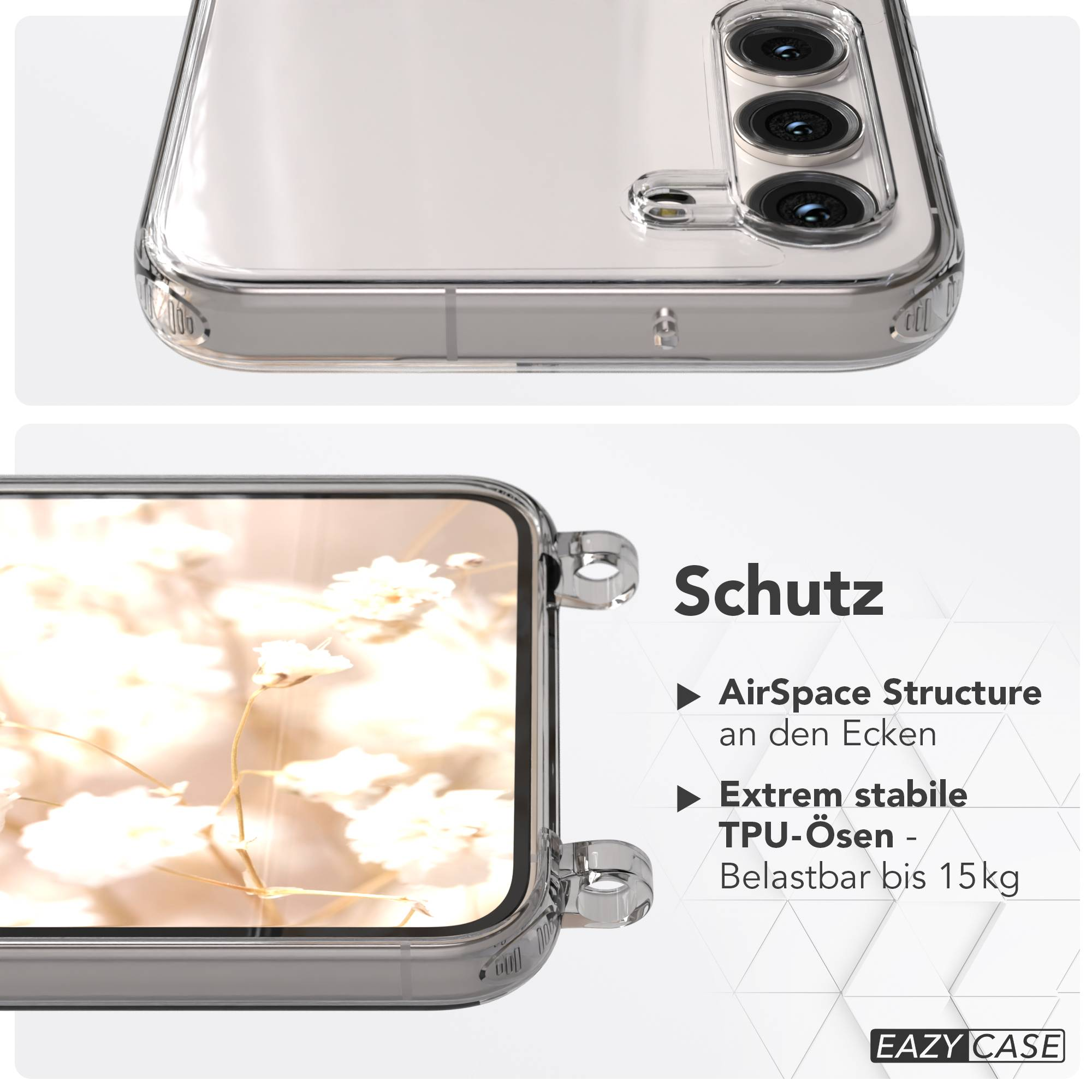 Transparente Handyhülle mit Kamera und floralem Muster. Schutz.