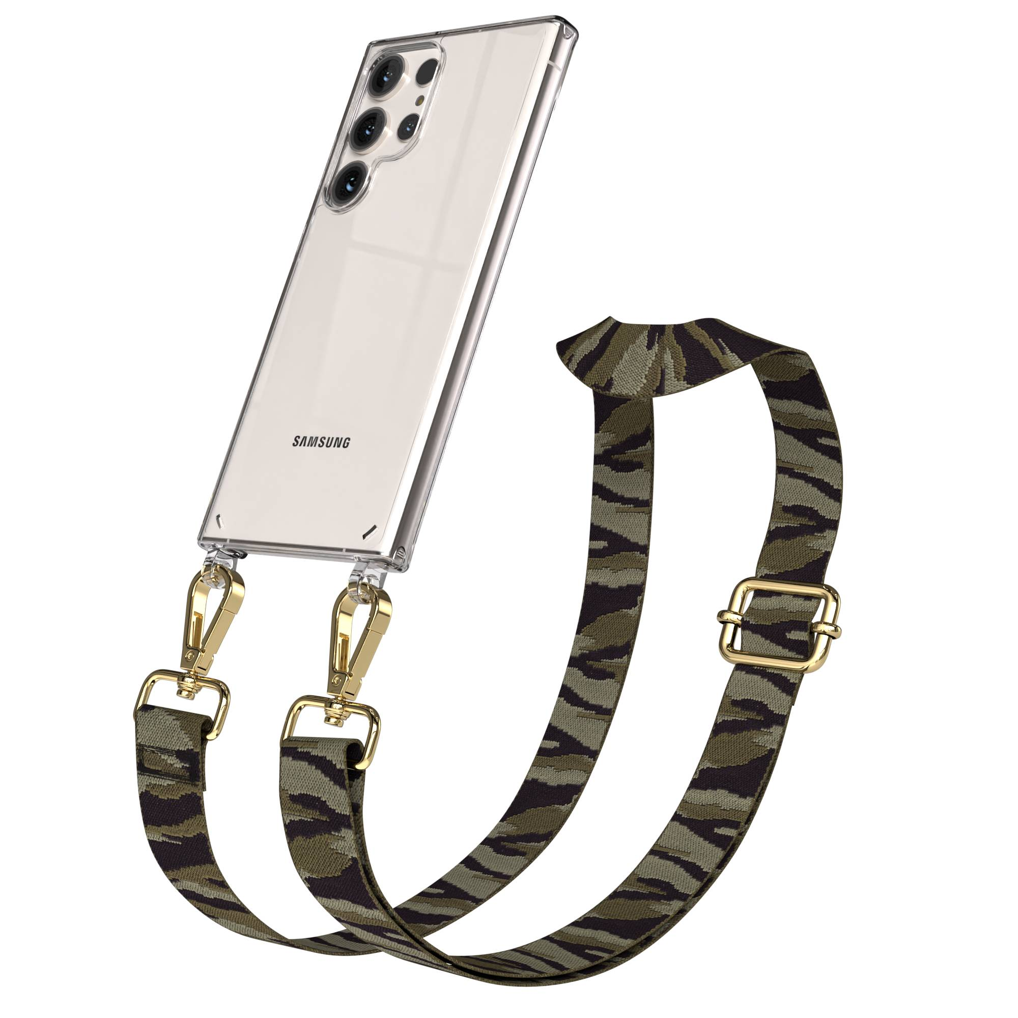Ein transparentes Samsung-Handy mit einem Tarnmuster-Gurt und goldenen Schnallen.