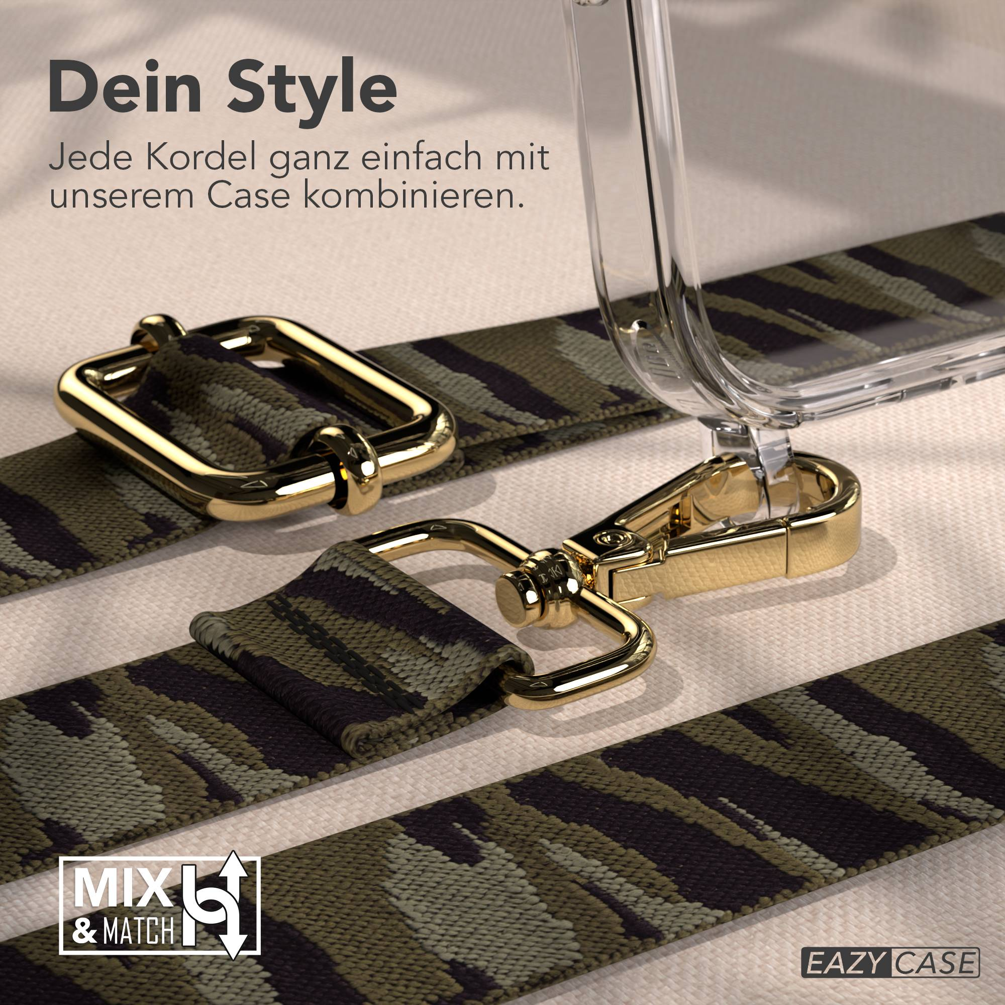 Tarnfarbenes Band mit goldenen Beschlägen verbindet sich mit einer klaren Handyhülle. Mix & Match Text.