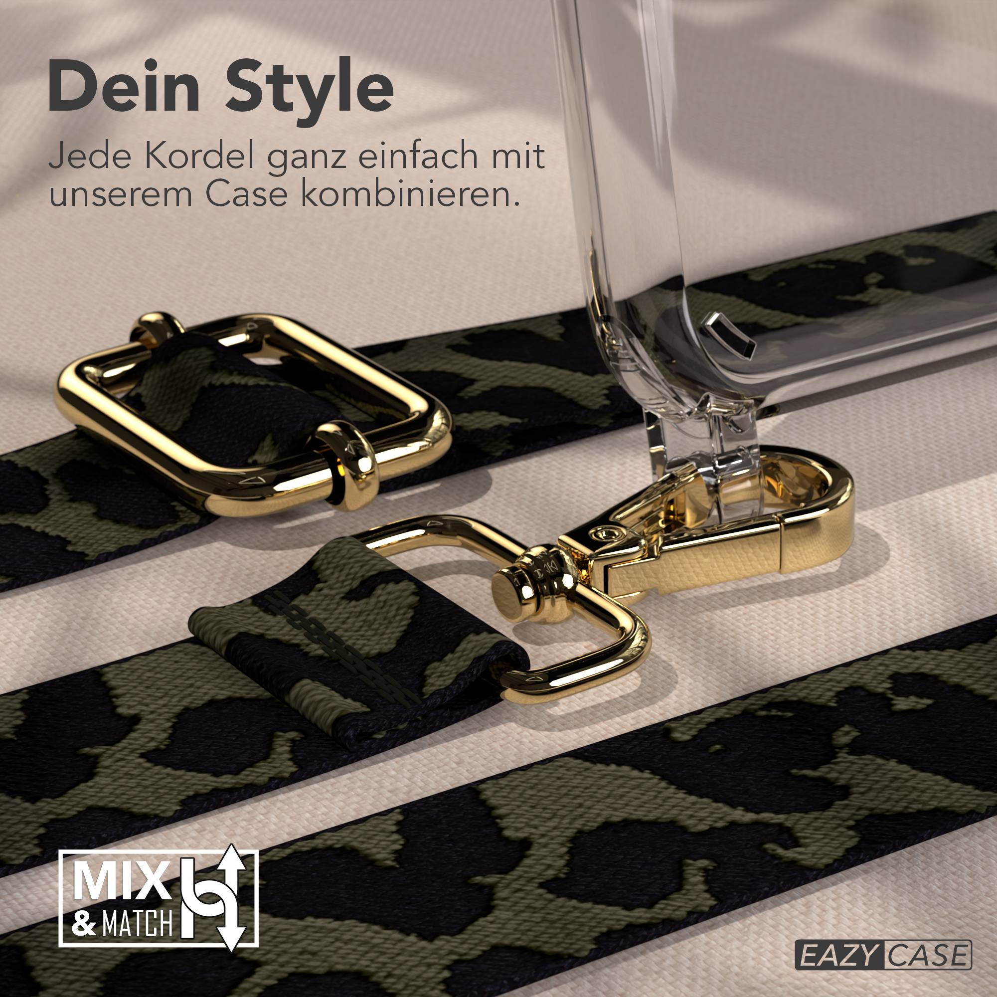 Goldene Schnalle und Kordel mit Camouflage-Muster, verbunden mit einem klaren Handyhülle.