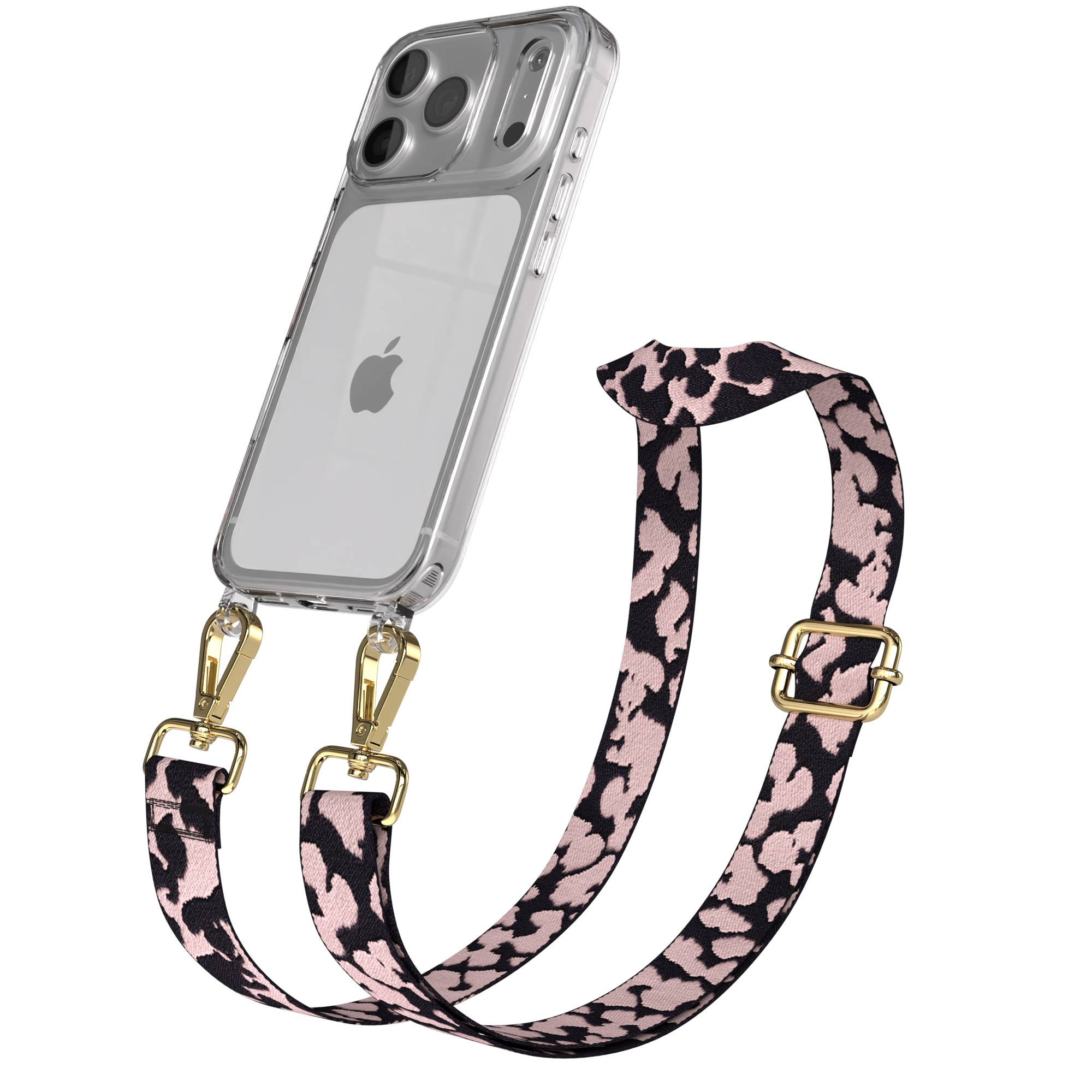 Ein transparentes iPhone-Gehäuse mit einem Leopardenmuster-Riemen und goldenen Verschlüssen.
