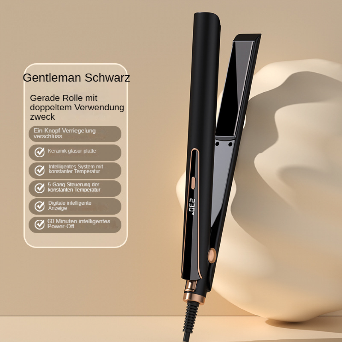 Schwarzer Haarglätter mit digitaler Anzeige bei 230°C und Funktionen.