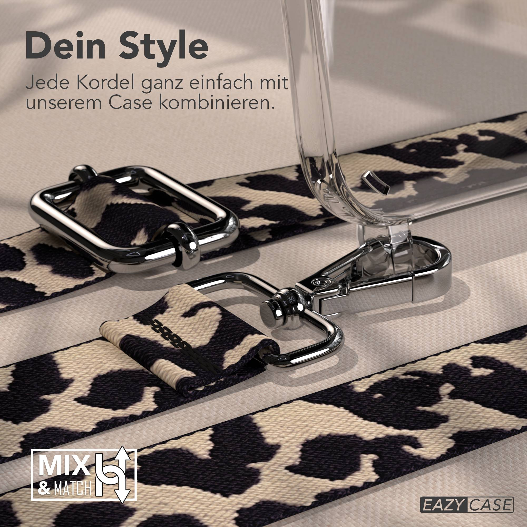Ein Leopardenmuster-Gurt mit silbernen Schnallen und einem transparenten Handyhülle.