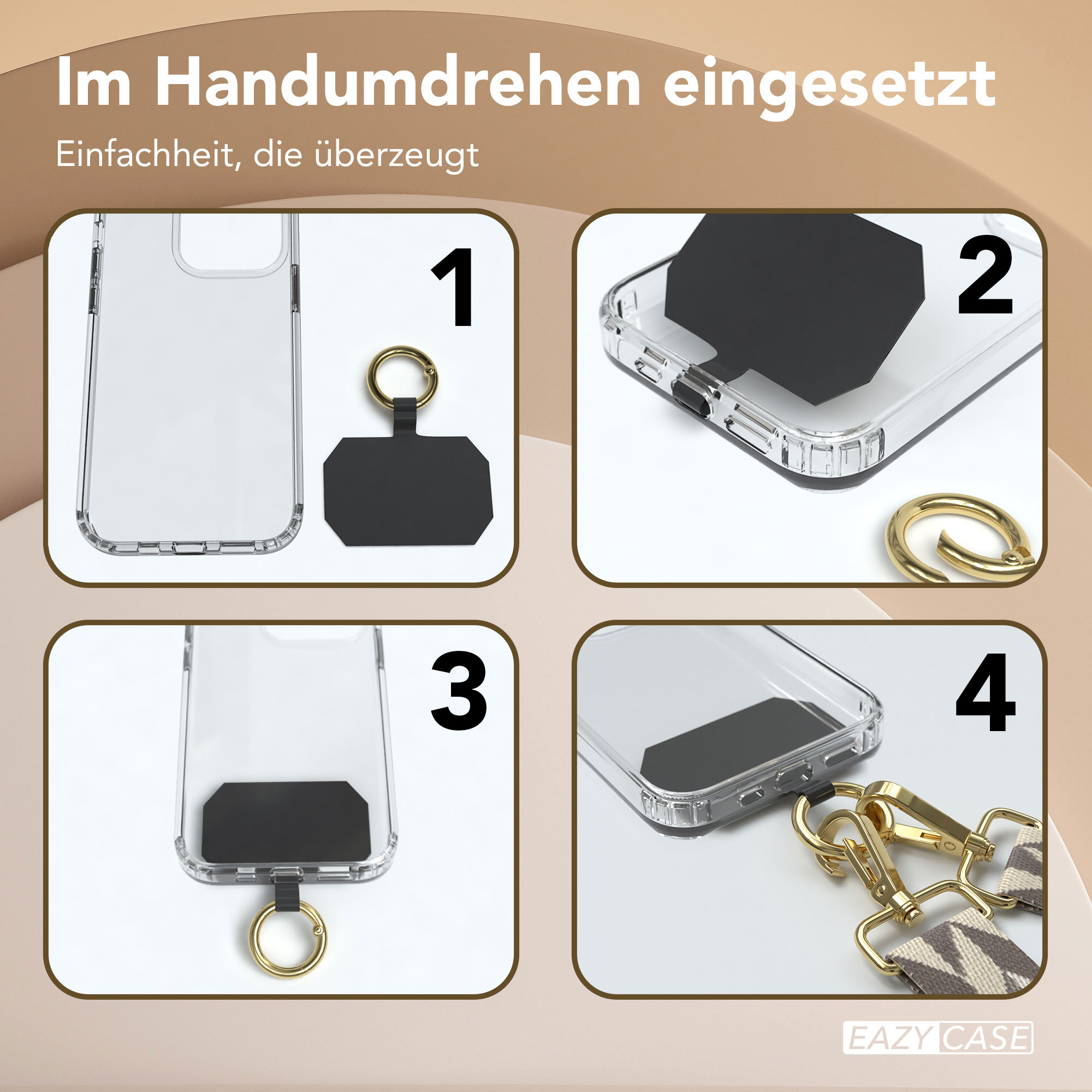 Schritt-für-Schritt-Anleitung zur Befestigung eines Anhängers an einer Handyhülle.