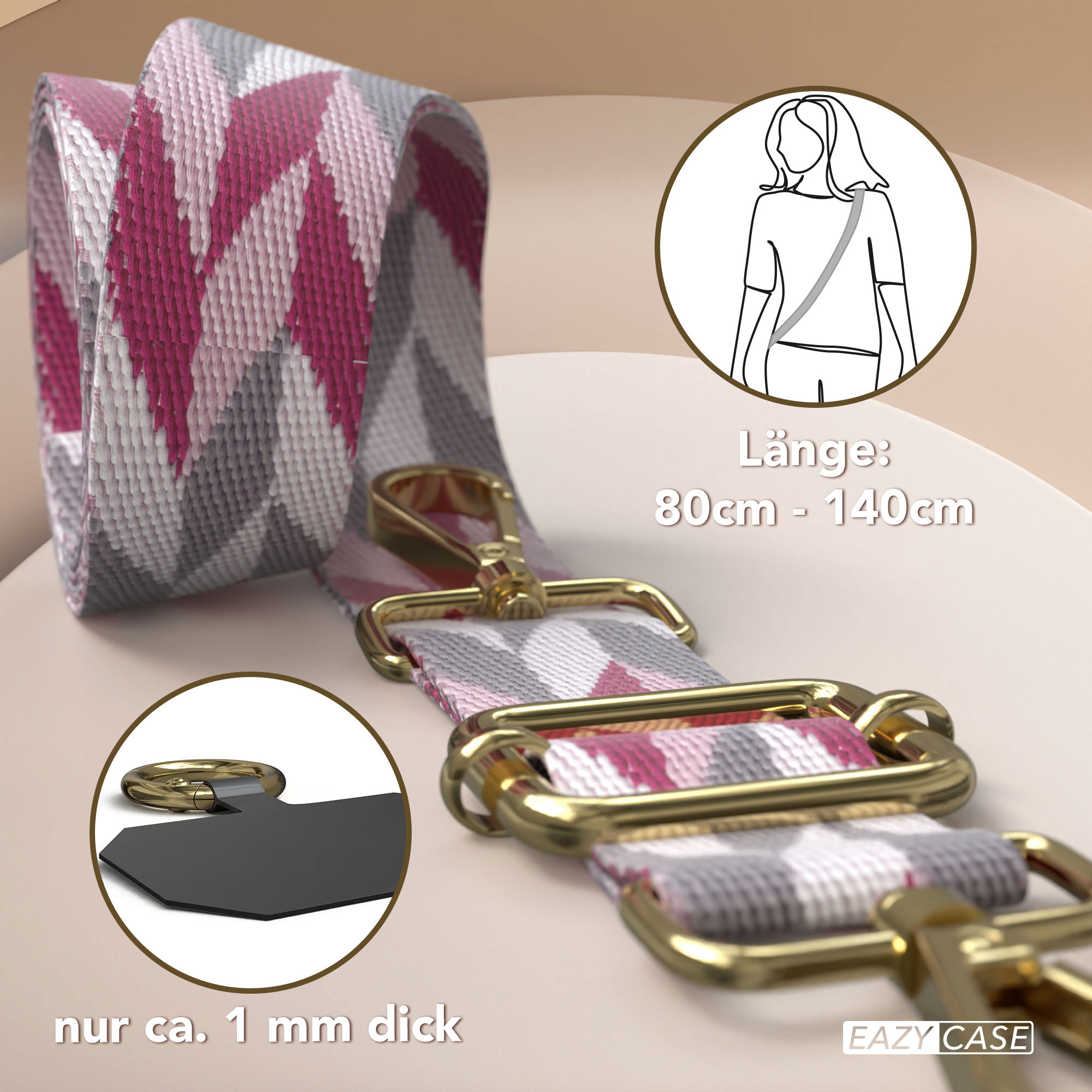 Gurt mit Zickzackmuster in Pink, Grau, Weiß und goldenen Schnallen.