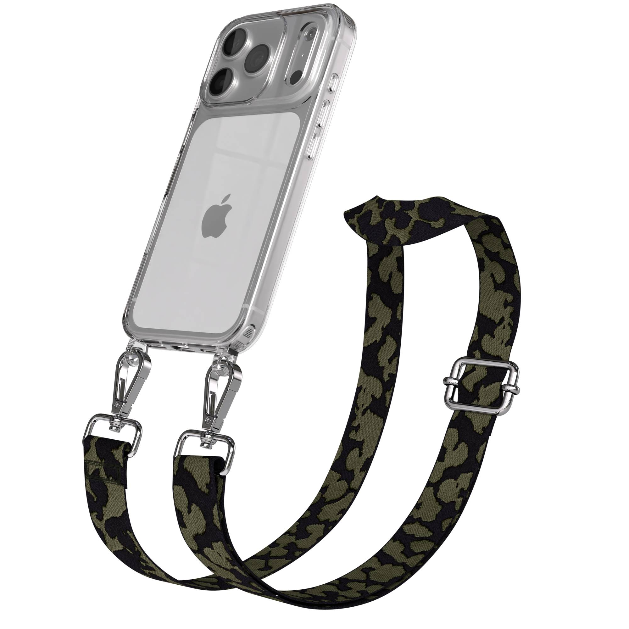 Ein transparentes iPhone-Case mit Tarnmuster-Trageriemen und silbernen Karabinern.