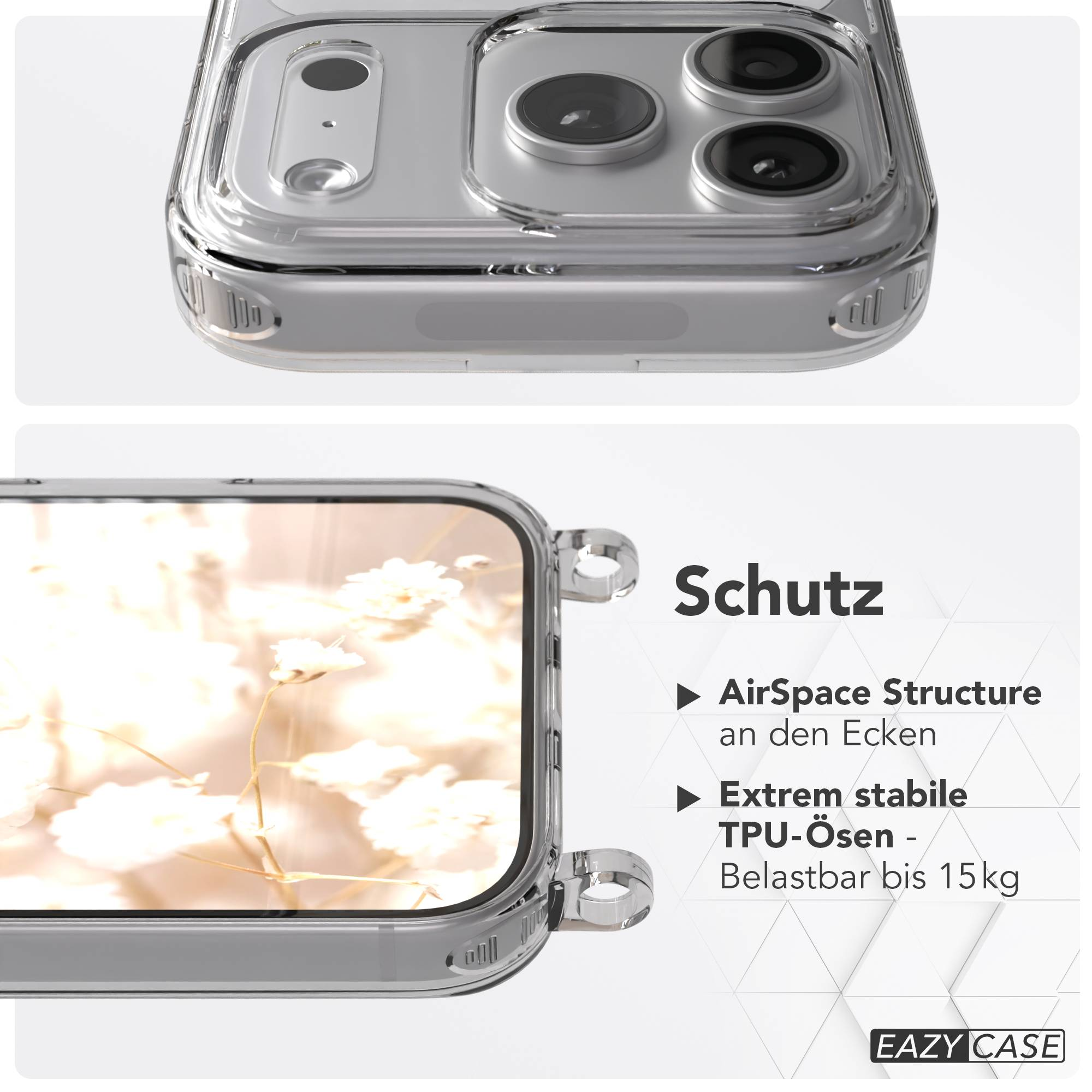 Transparente Handyhülle zeigt Kamera und floralen Hintergrund. Details zu Schutzmerkmalen.