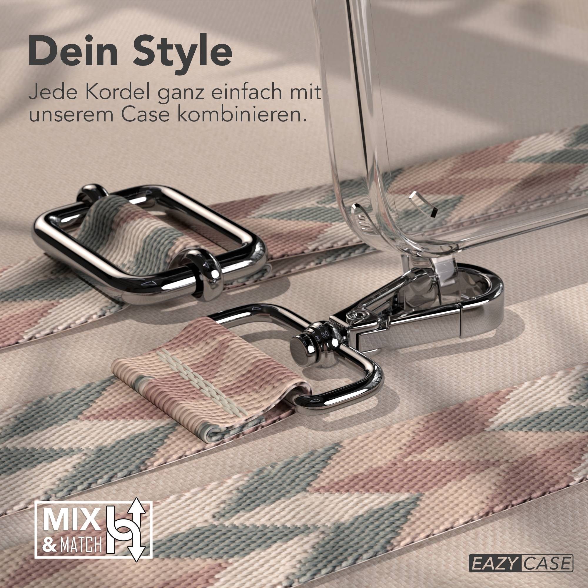 Eine klare Handyhülle mit gemustertem Gurt und silberner Hardware. Text: "Dein Style".