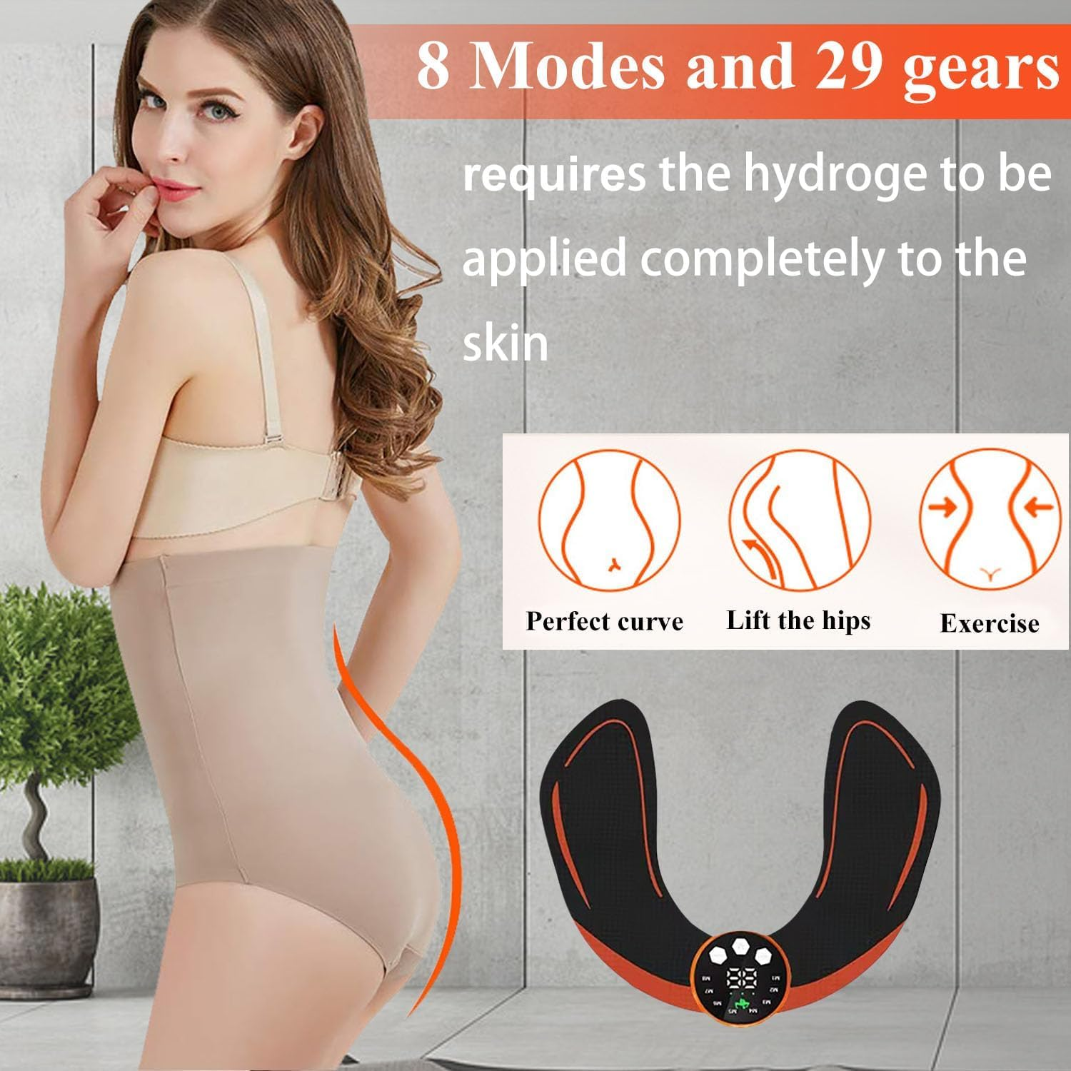 Frau in Shapewear und EMS-Hüfttrainer. Zeigt Modi: Perfekte Kurve, Hüften heben, Übung.