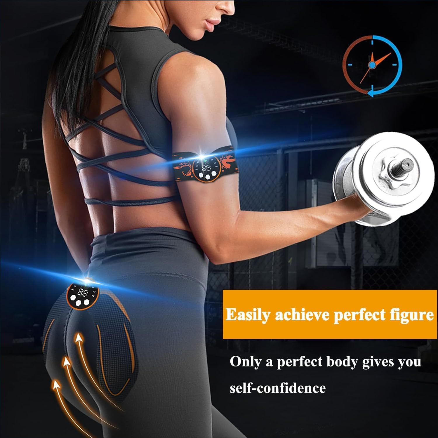 Frau mit Fitnessgeräten und Gewichten, die für einen perfekten Körper wirbt.