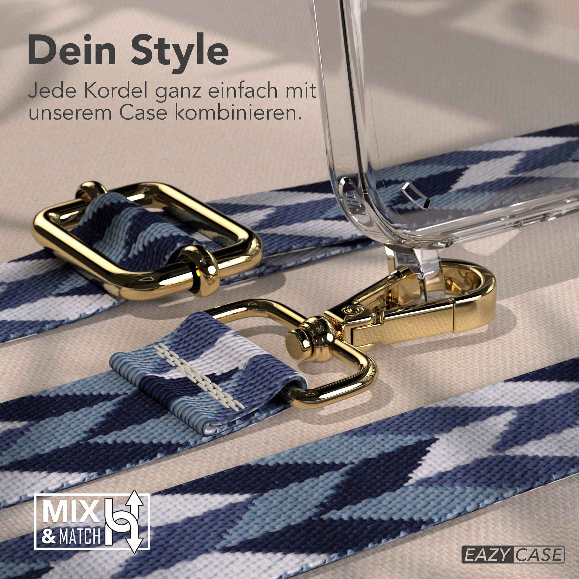 Ein blau-weiß gemusterter Gurt mit goldenen Schnallen und einer Handyhülle.