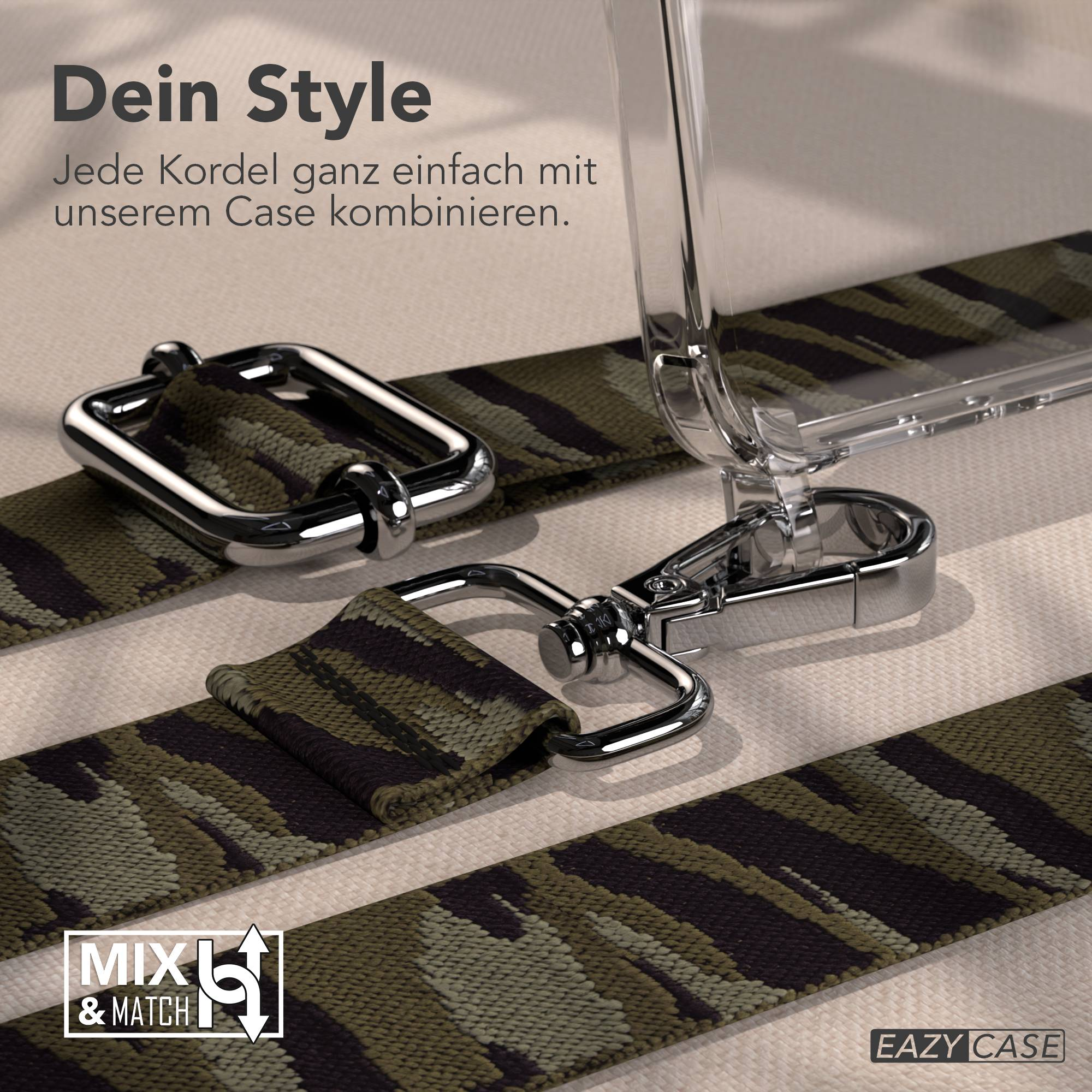 Kameragurt mit Camouflage-Muster, silbernen Schnallen und einem transparenten Case.