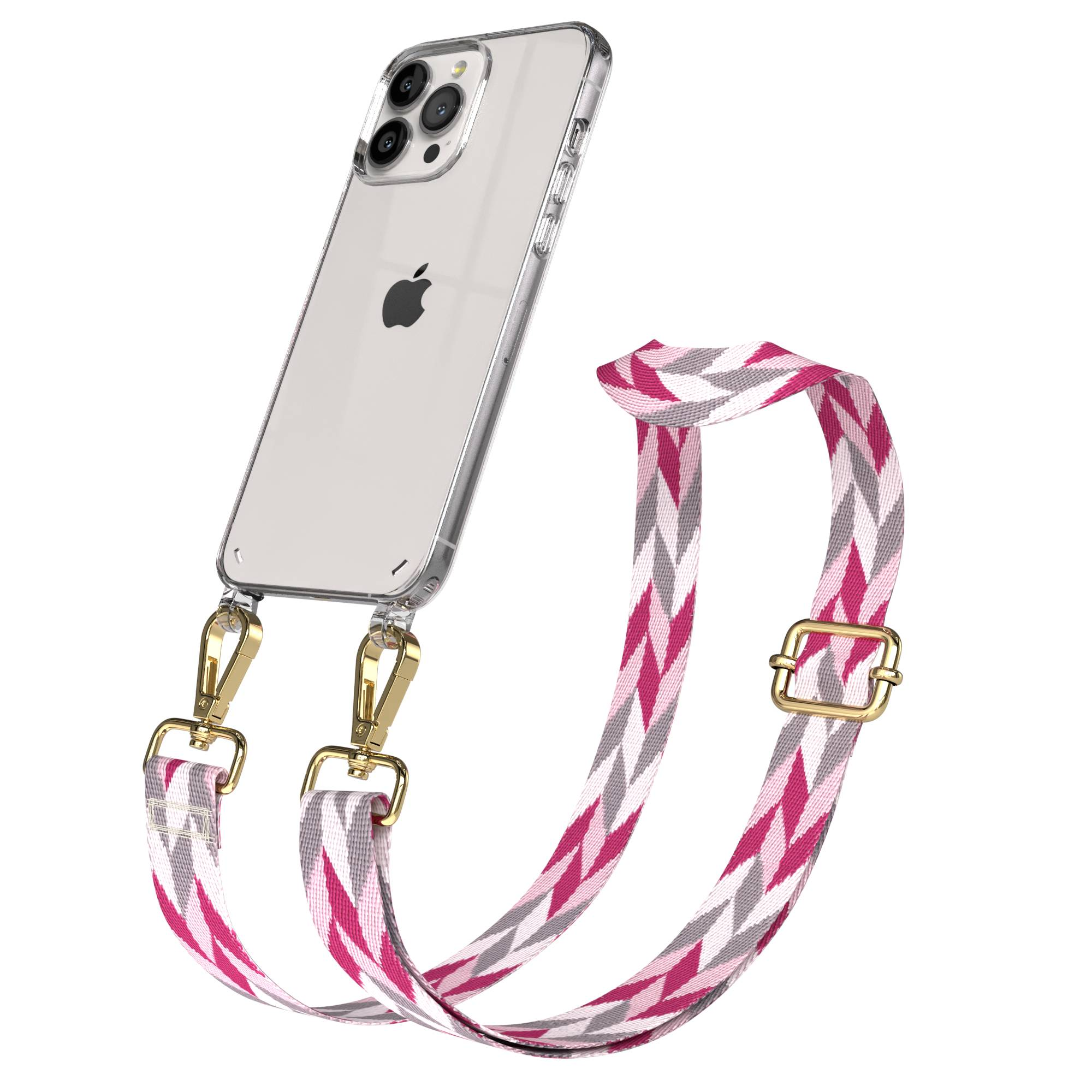 Ein transparentes iPhone-Etui mit einem Riemen mit Zickzackmuster in Pink, Grau und Weiß.