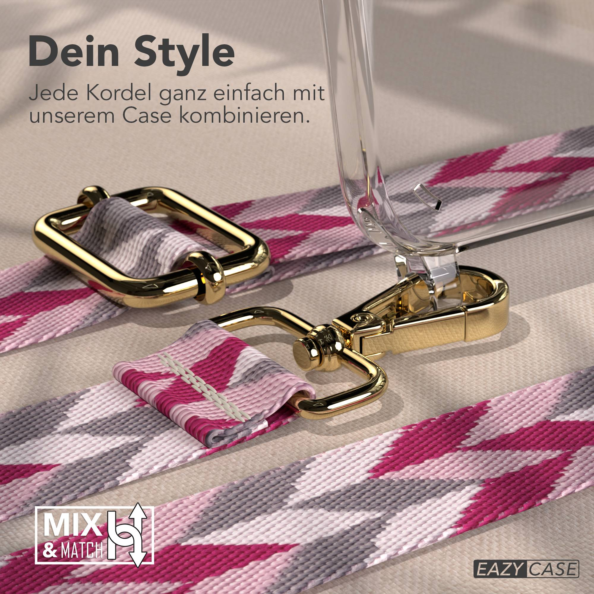 Nahaufnahme einer Handykette mit rosa, grauem und weißem Zickzackmuster und goldenen Beschlägen.