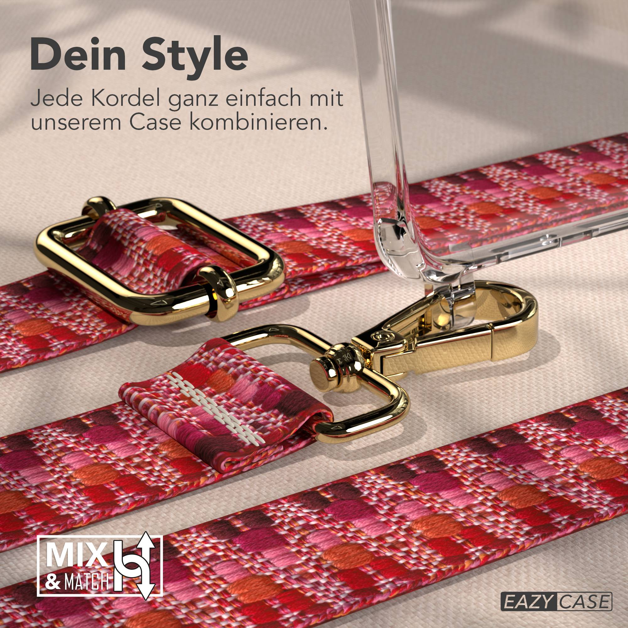 Eine rote Kordel mit goldenen Beschlägen ist an einer durchsichtigen Handyhülle befestigt.