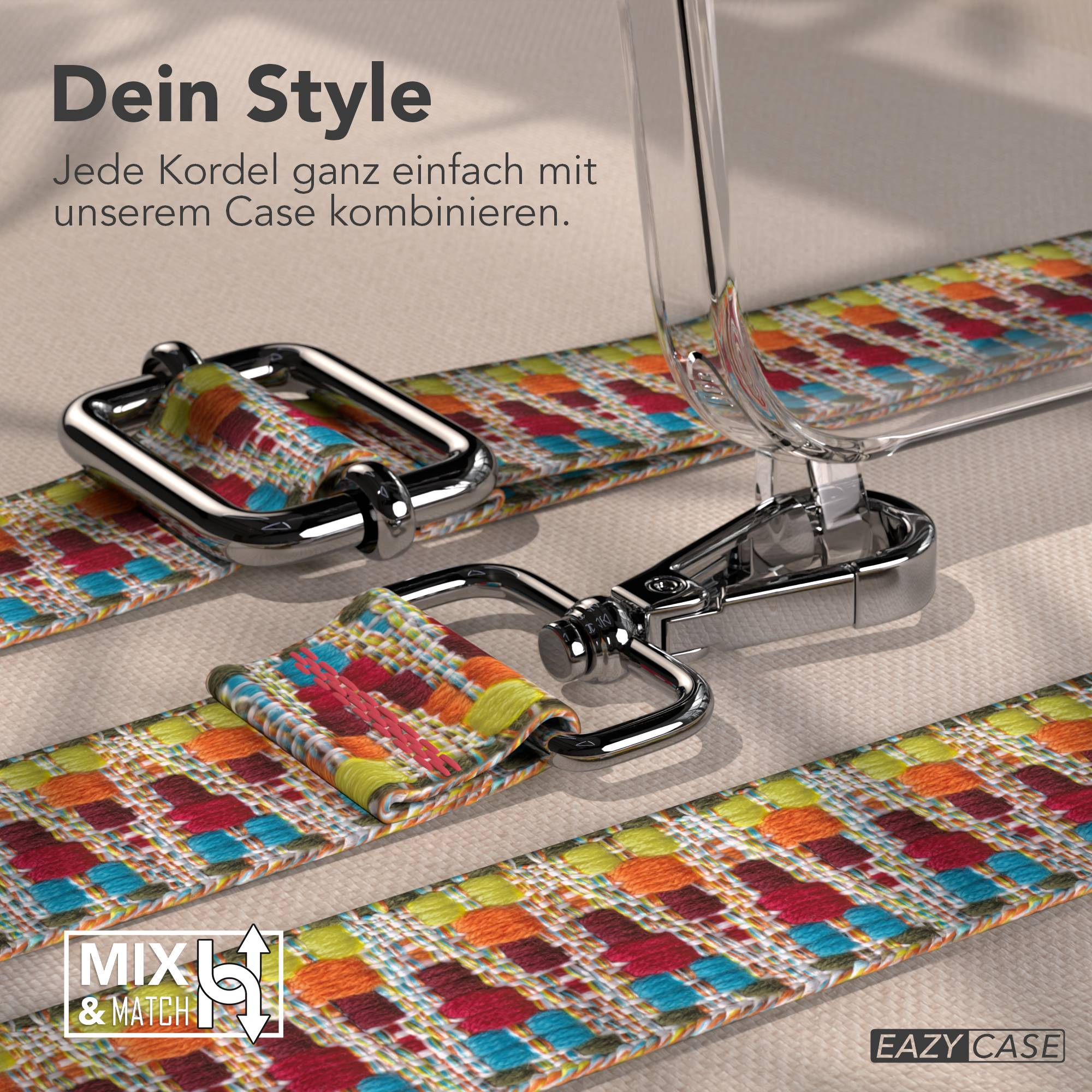 Bunter gewebter Gurt mit Metallkarabinern und Handyhüllen-Befestigung.