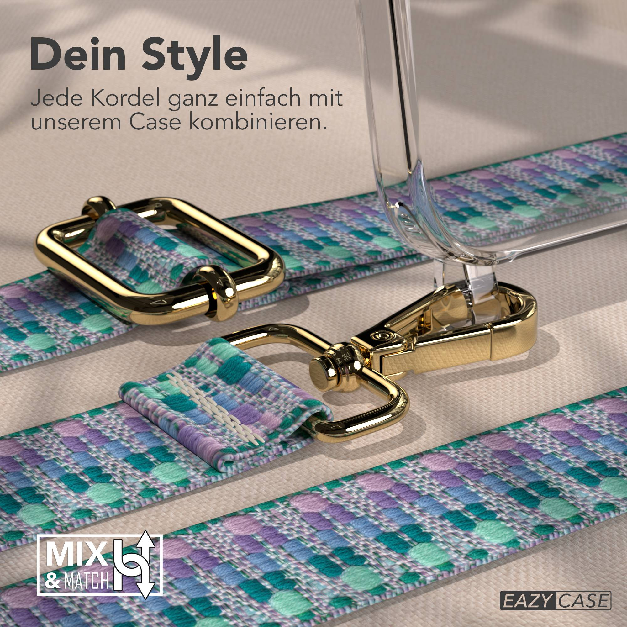 Ein Handyhülle mit buntem Band und goldenen Schnallen.