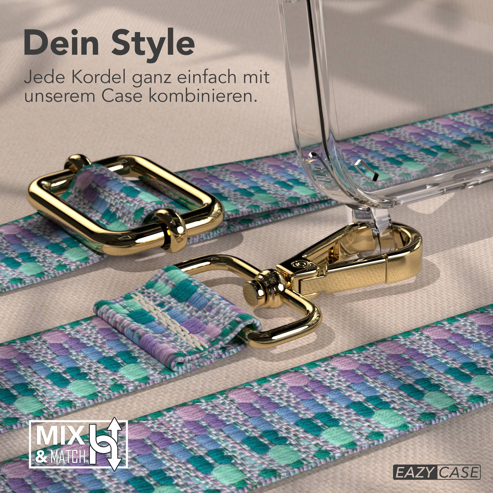Goldene Karabiner und eine bunte Kordel für ein Handyhülle.