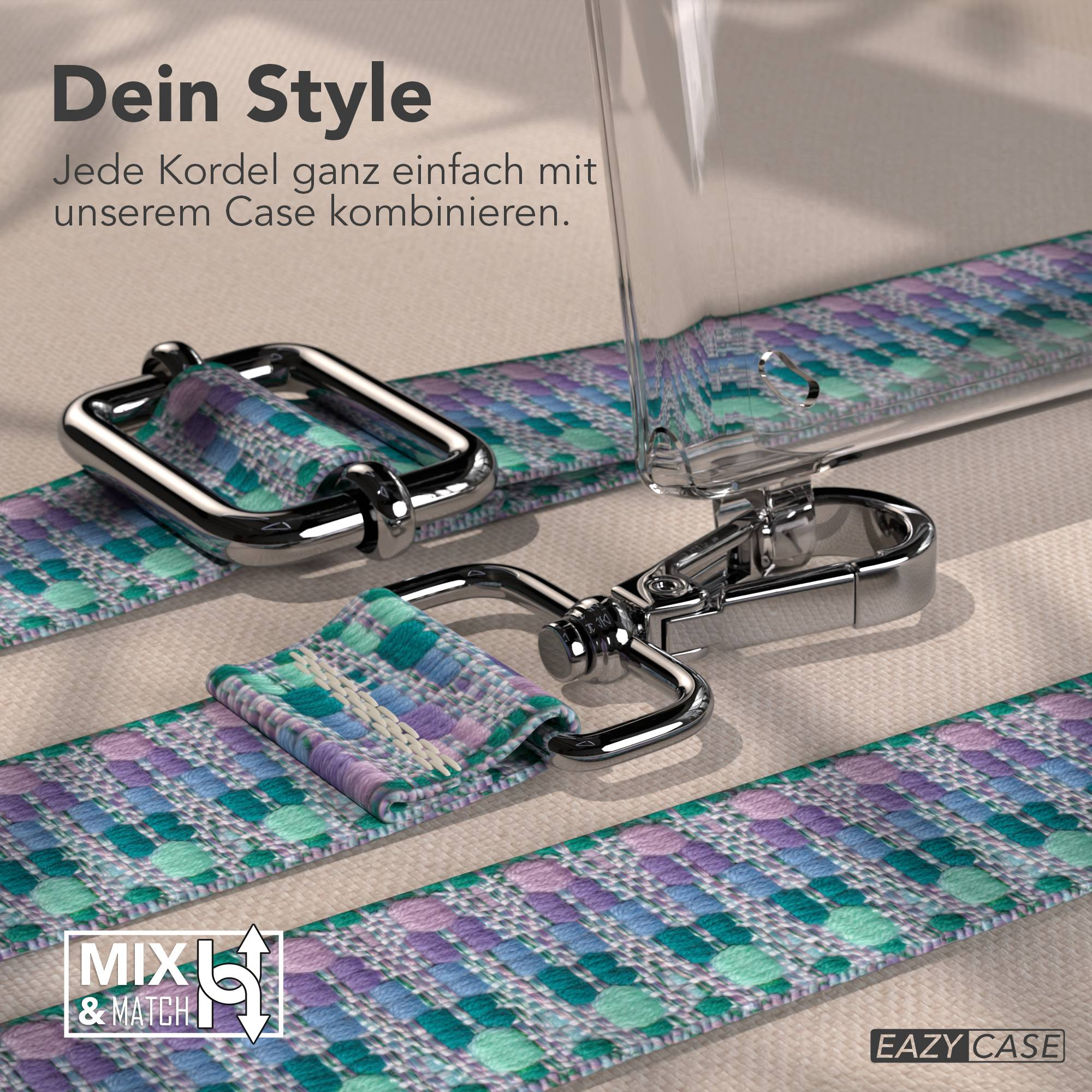 Gewebte Bänder mit lila, blauen und grünen Mustern und silbernen Verschlüssen.