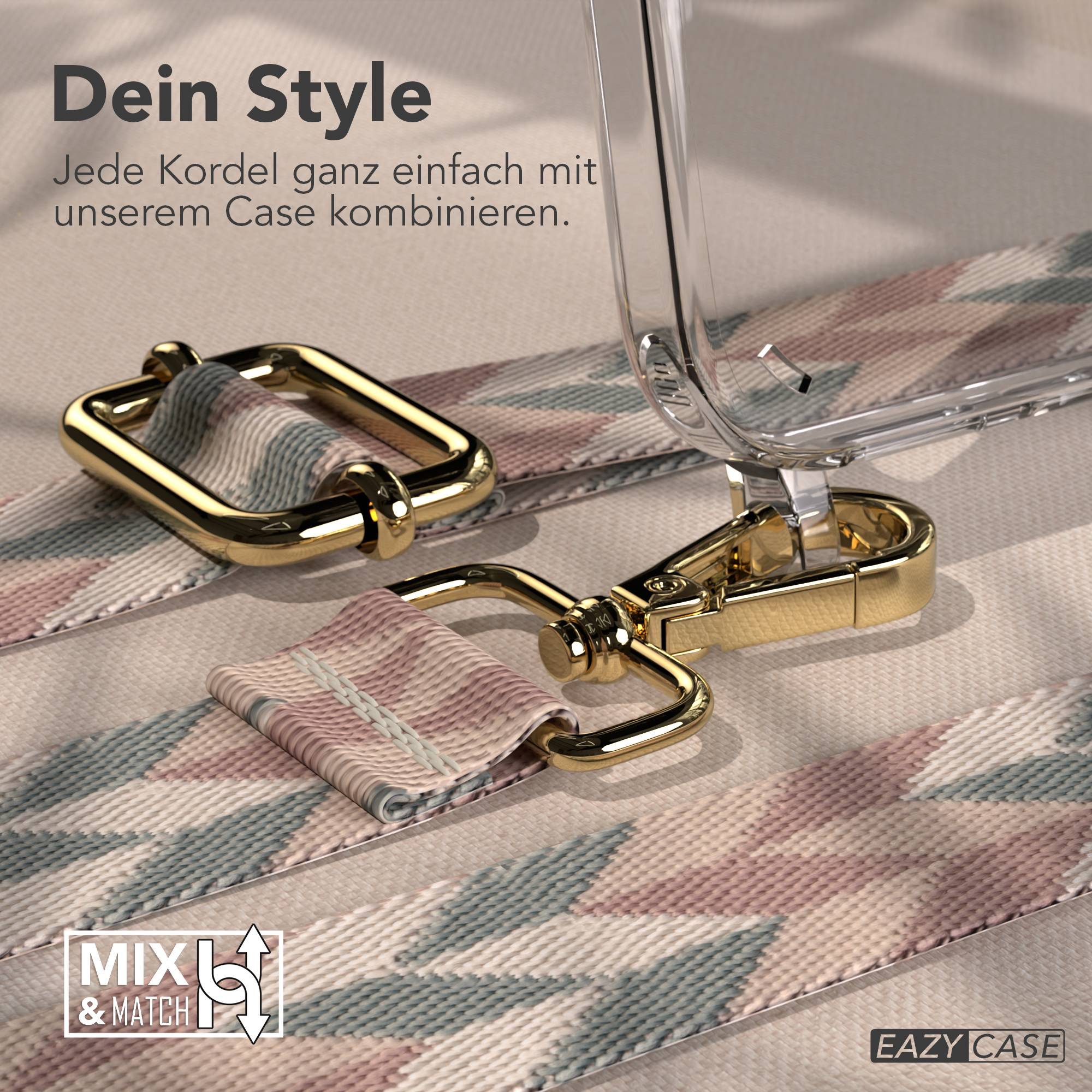 Goldene Verschlüsse befestigen ein gemustertes Band an einer durchsichtigen Handyhülle.