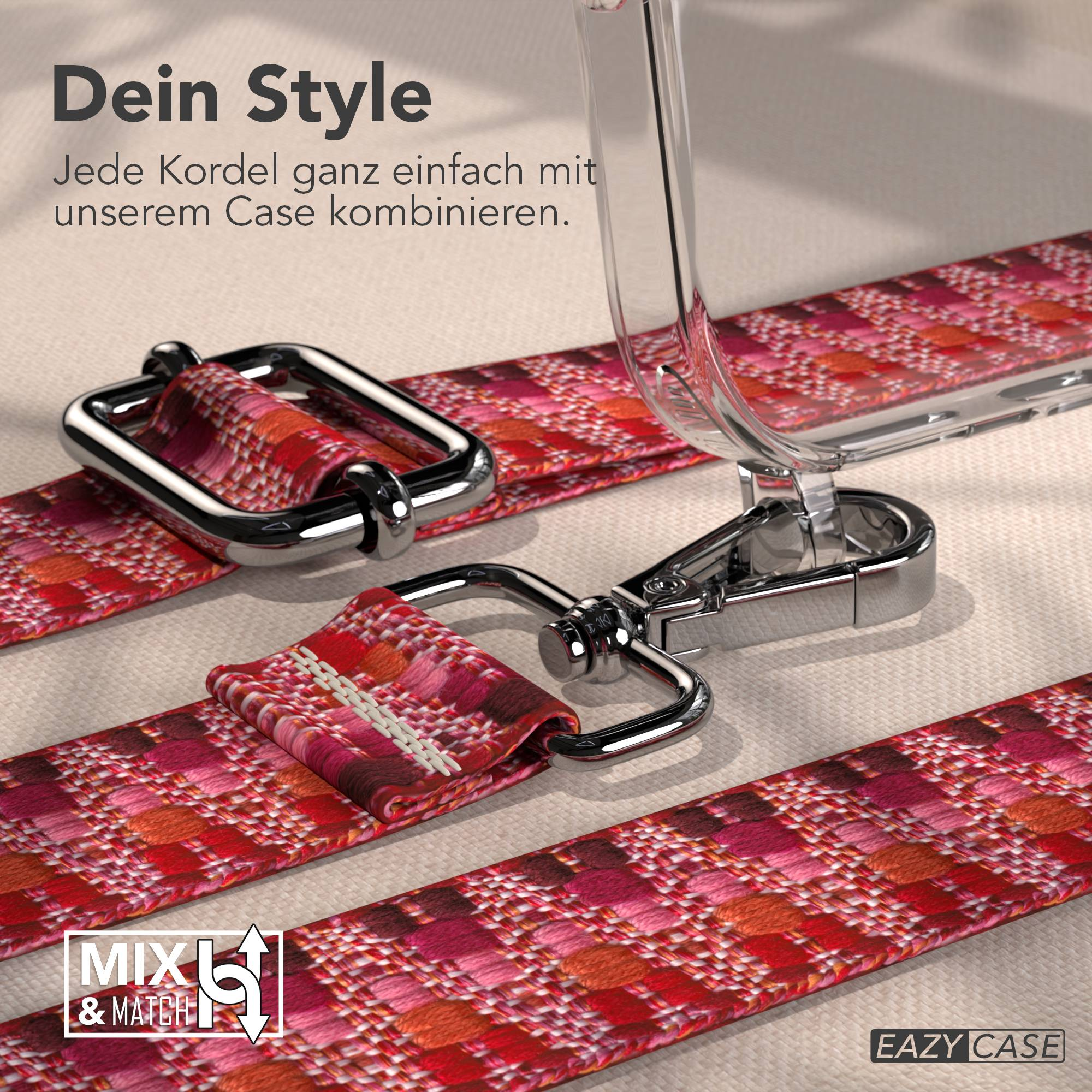 Rot-pink-orange gemustertes Band mit Metallverschlüssen und Hülle.