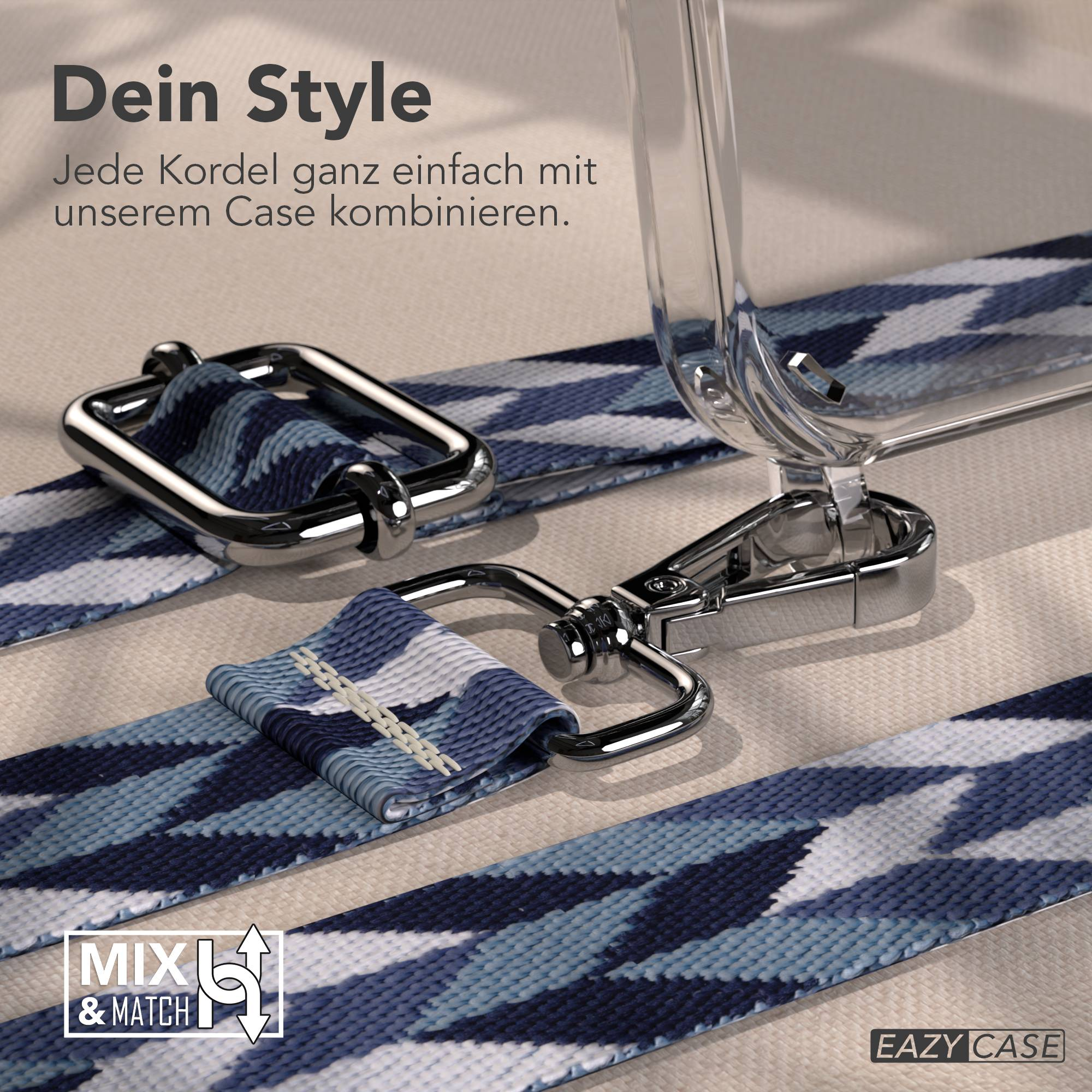 Nahaufnahme eines Handyhüllen-Riemens mit blau-weißem geometrischem Muster und silberner Hardware.