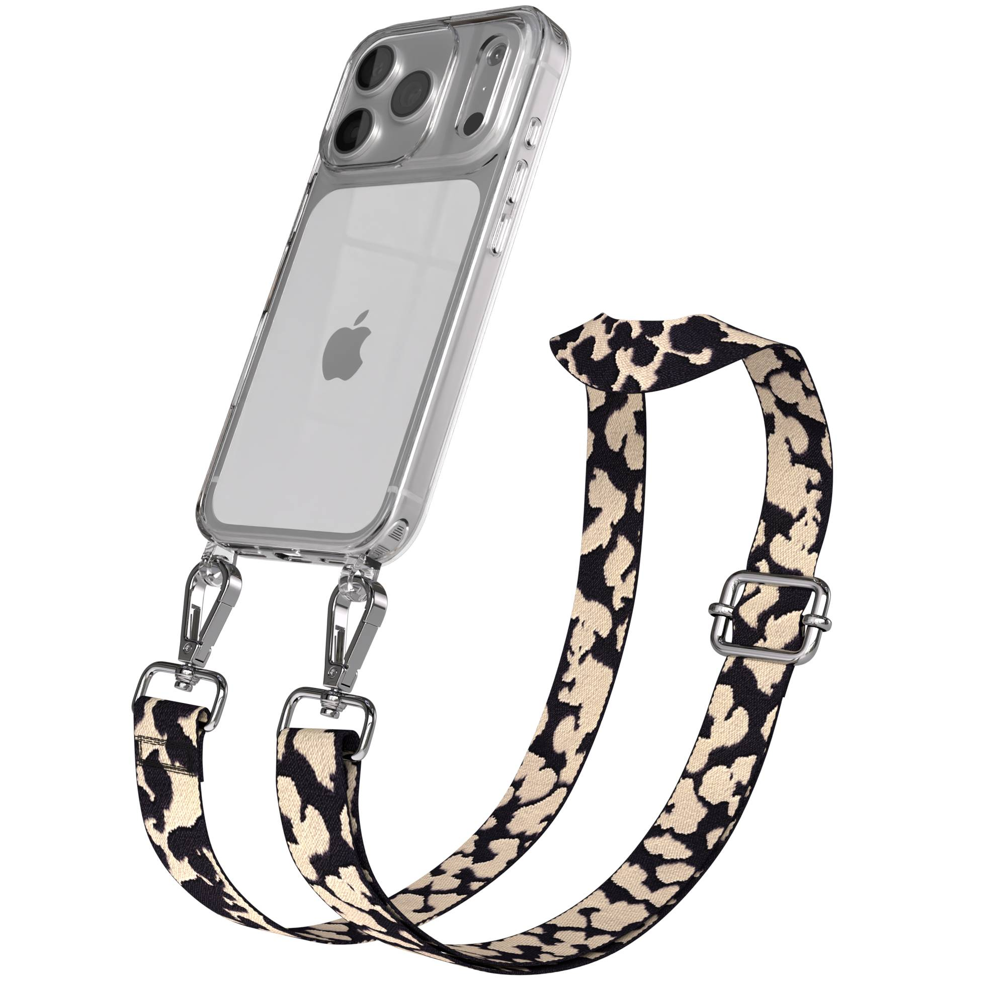 Ein transparentes iPhone-Case mit Leopardenmuster-Trageband und silbernen Karabinerhaken.