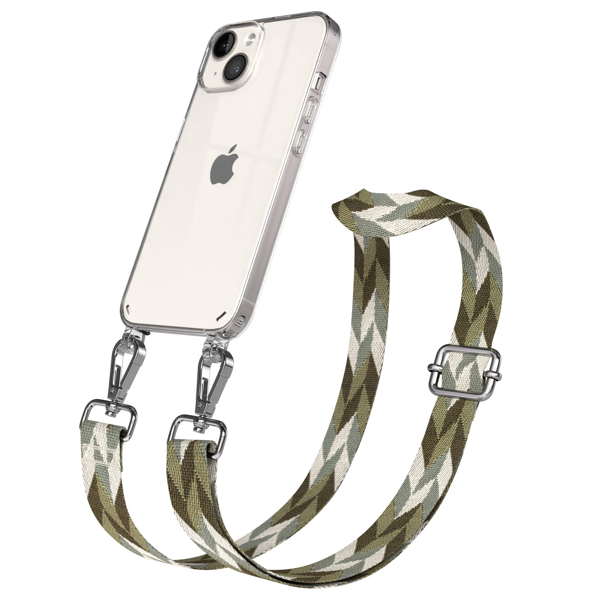 Ein transparentes Handy mit einem Camouflage-Trageriemen, das auf weißem Hintergrund schwebt.