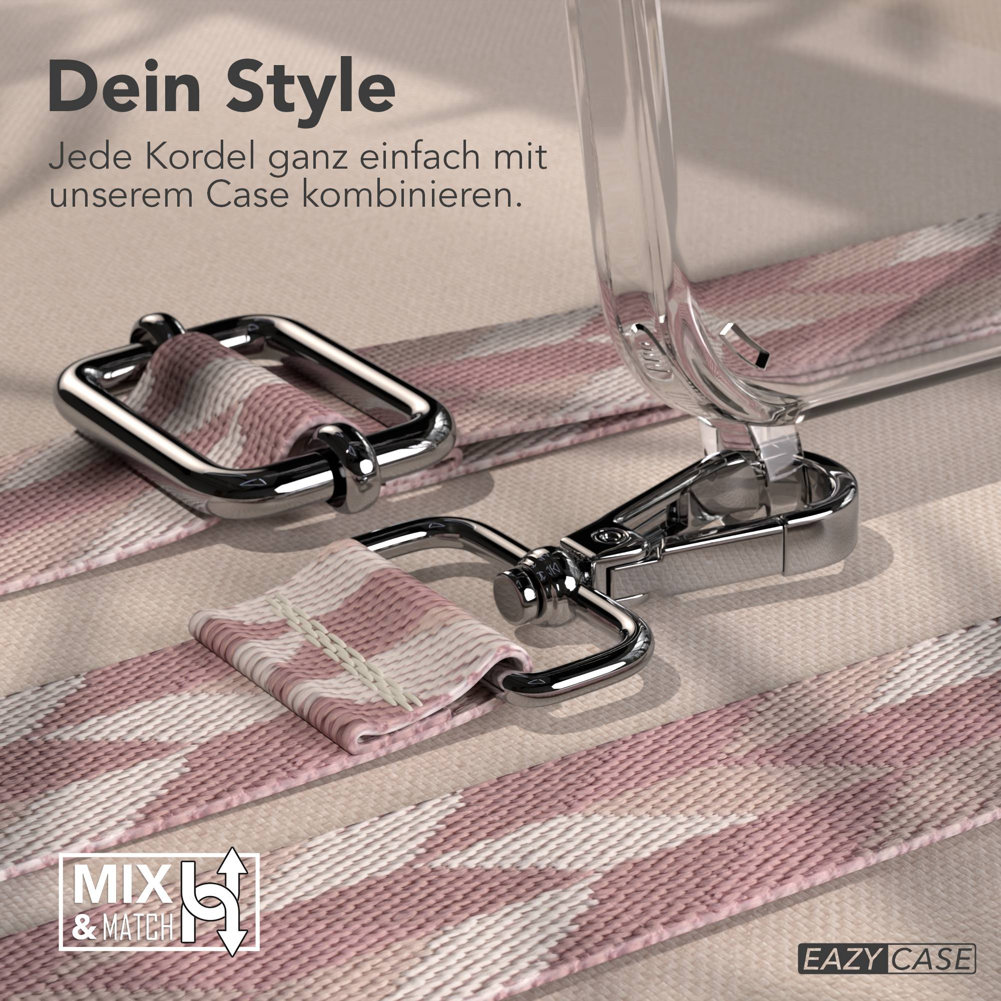 Textilband mit silbernen Schnallen und einem transparenten Handyhüllen-Detail.