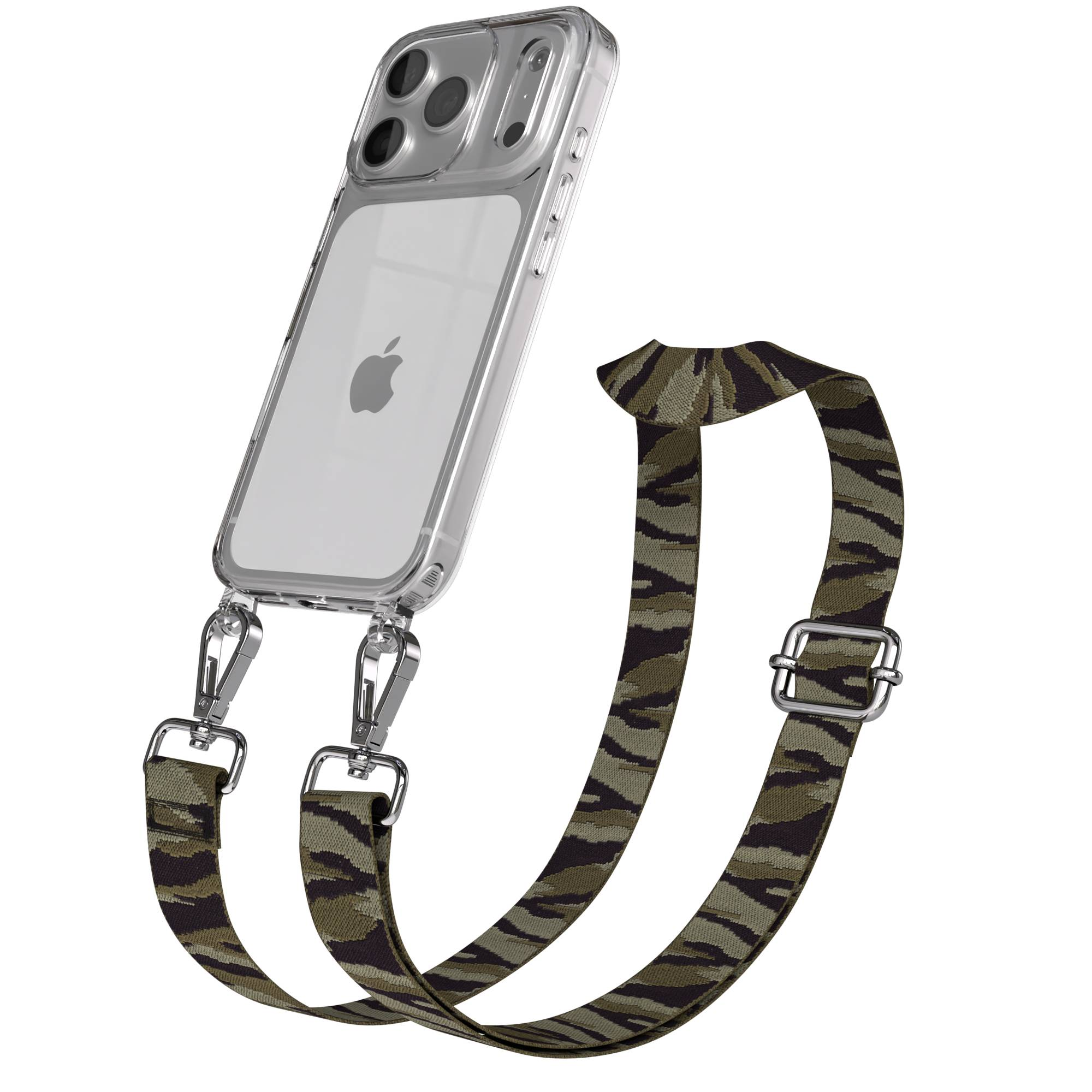 Klare iPhone-Hülle mit Camouflage-Gurt und silbernen Verschlüssen.