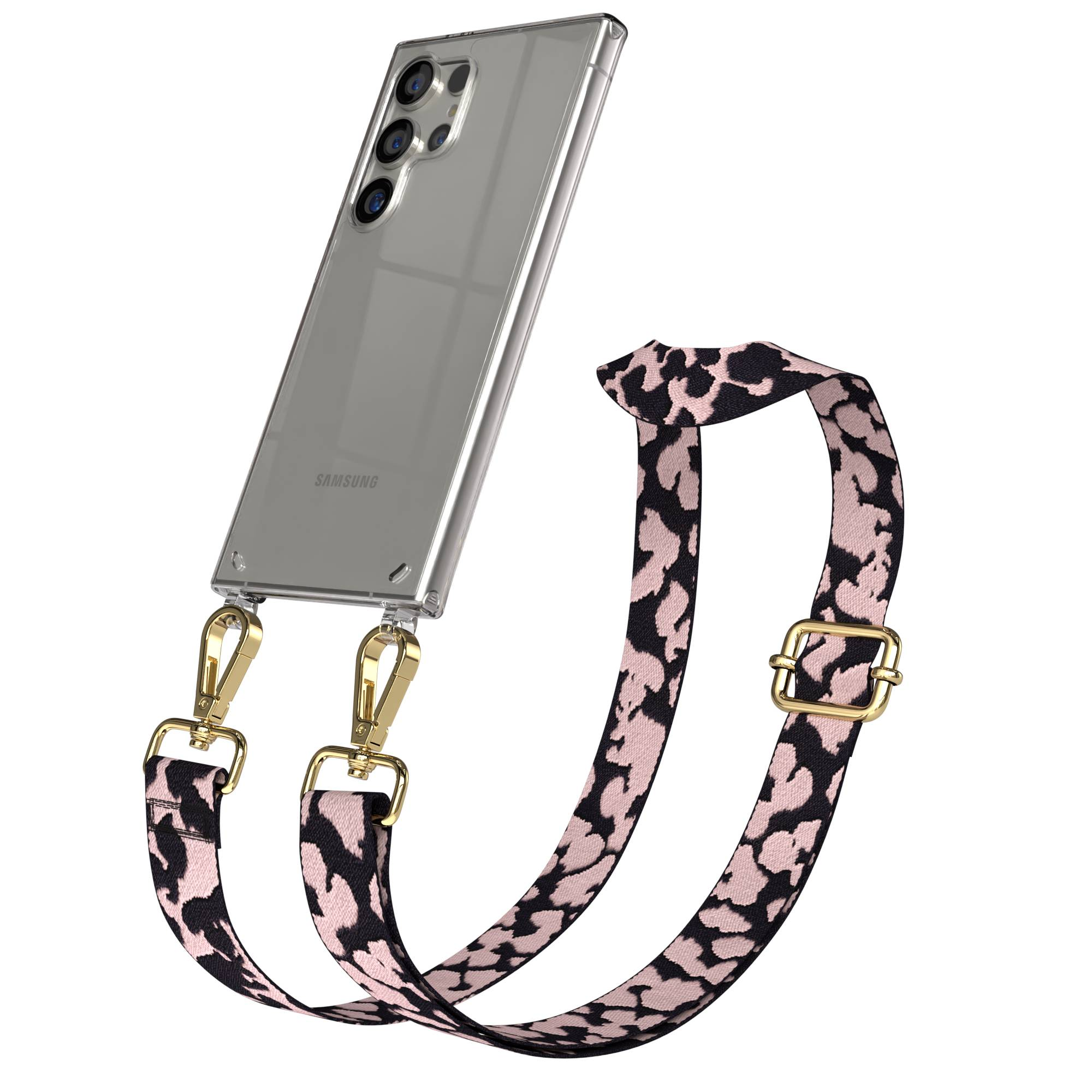 Ein Samsung-Smartphone mit einem durchsichtigen Gehäuse und einem Leopardenmuster-Gurt.