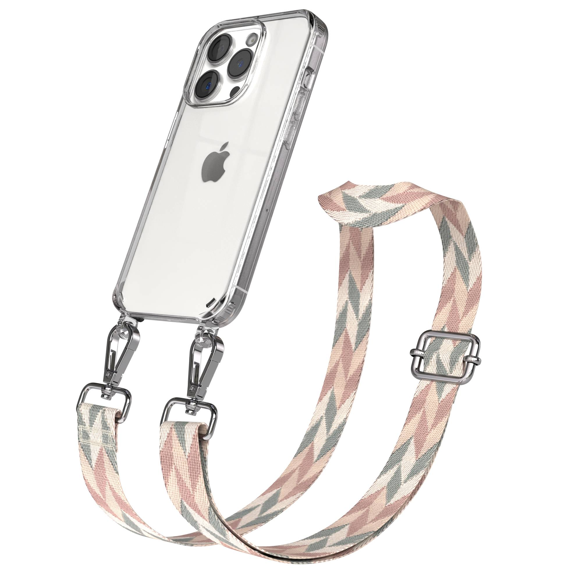 Klare Handyhülle mit buntem geometrischem Band, befestigt durch silberne Clips.