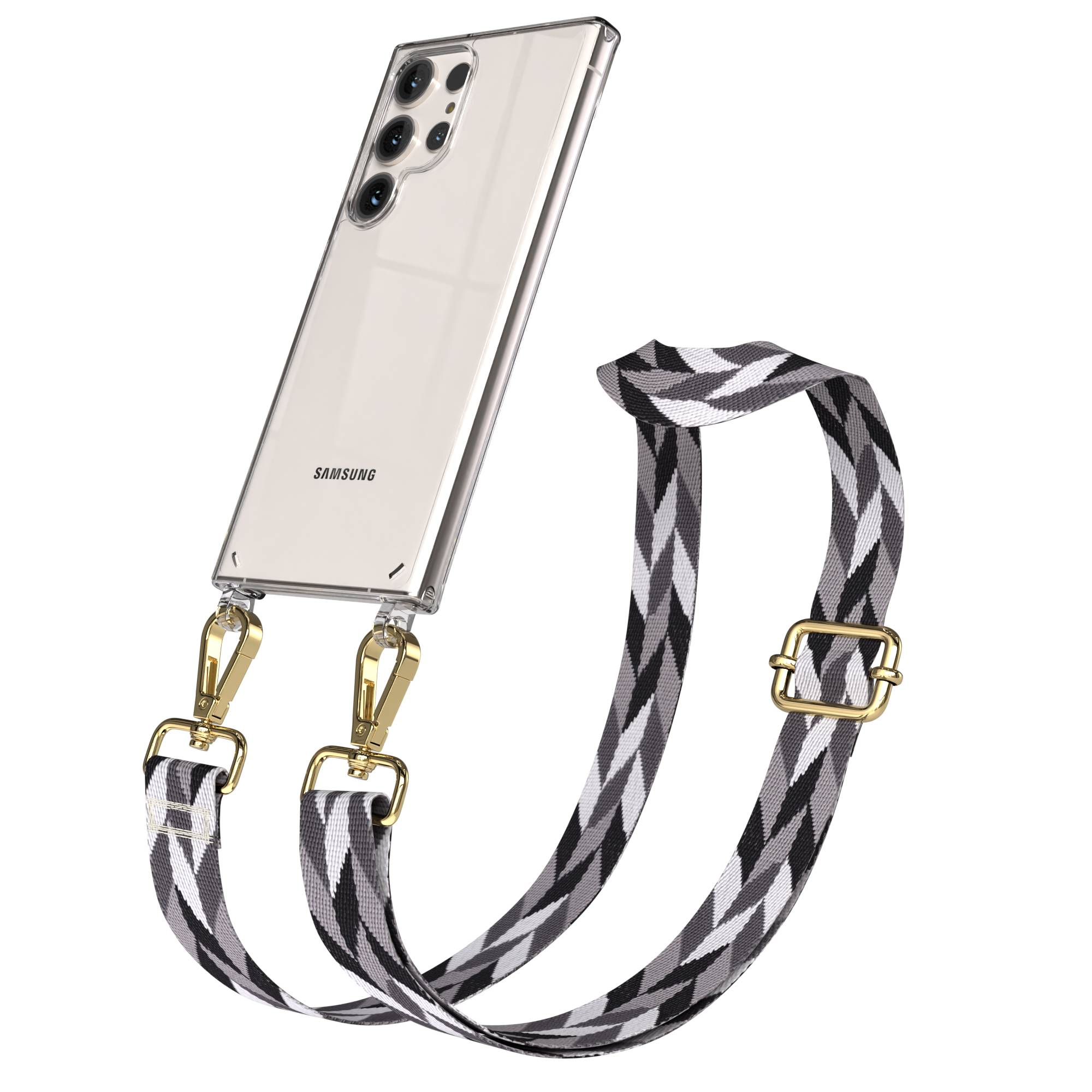 Ein Samsung Smartphone in einer Hülle mit einem gemusterten Riemen.