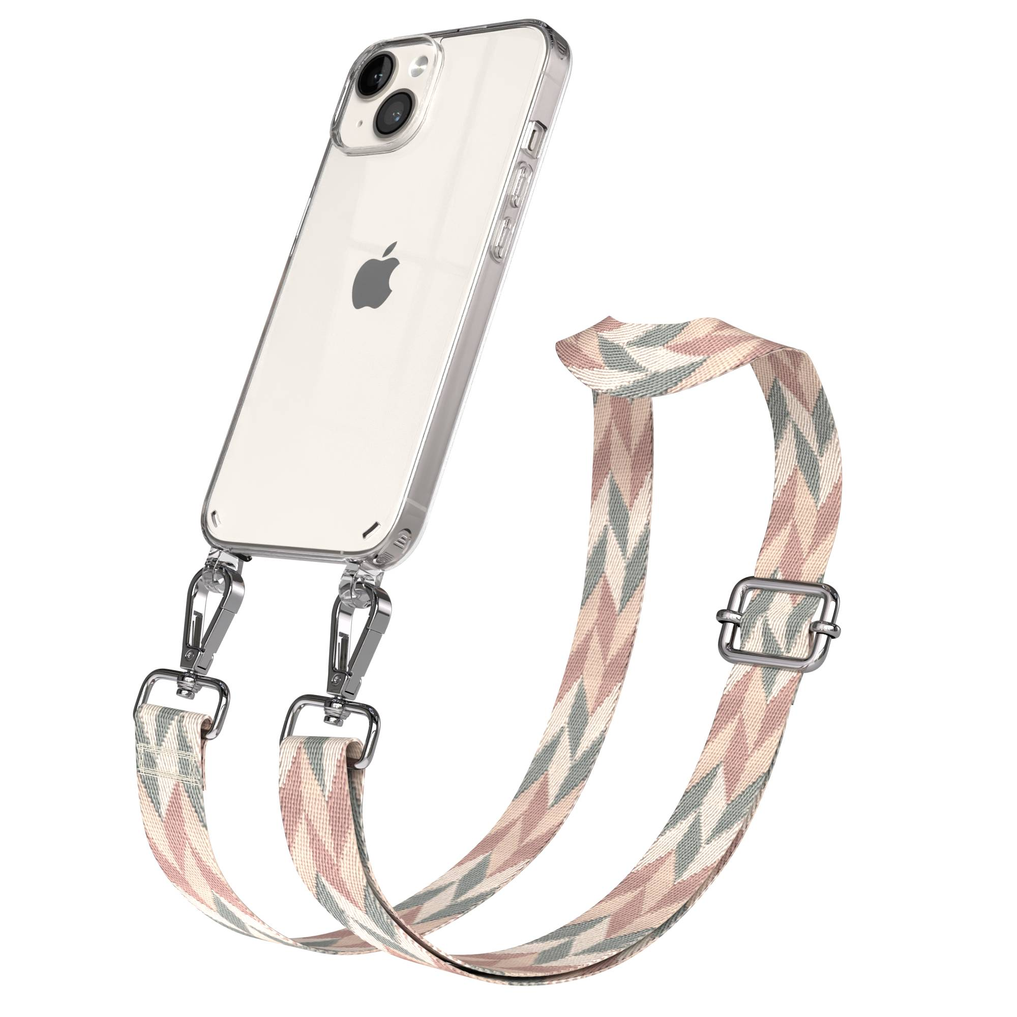 Ein transparentes iPhone-Case mit einem gemusterten Tragegurt in Rosa, Grau und Beige.