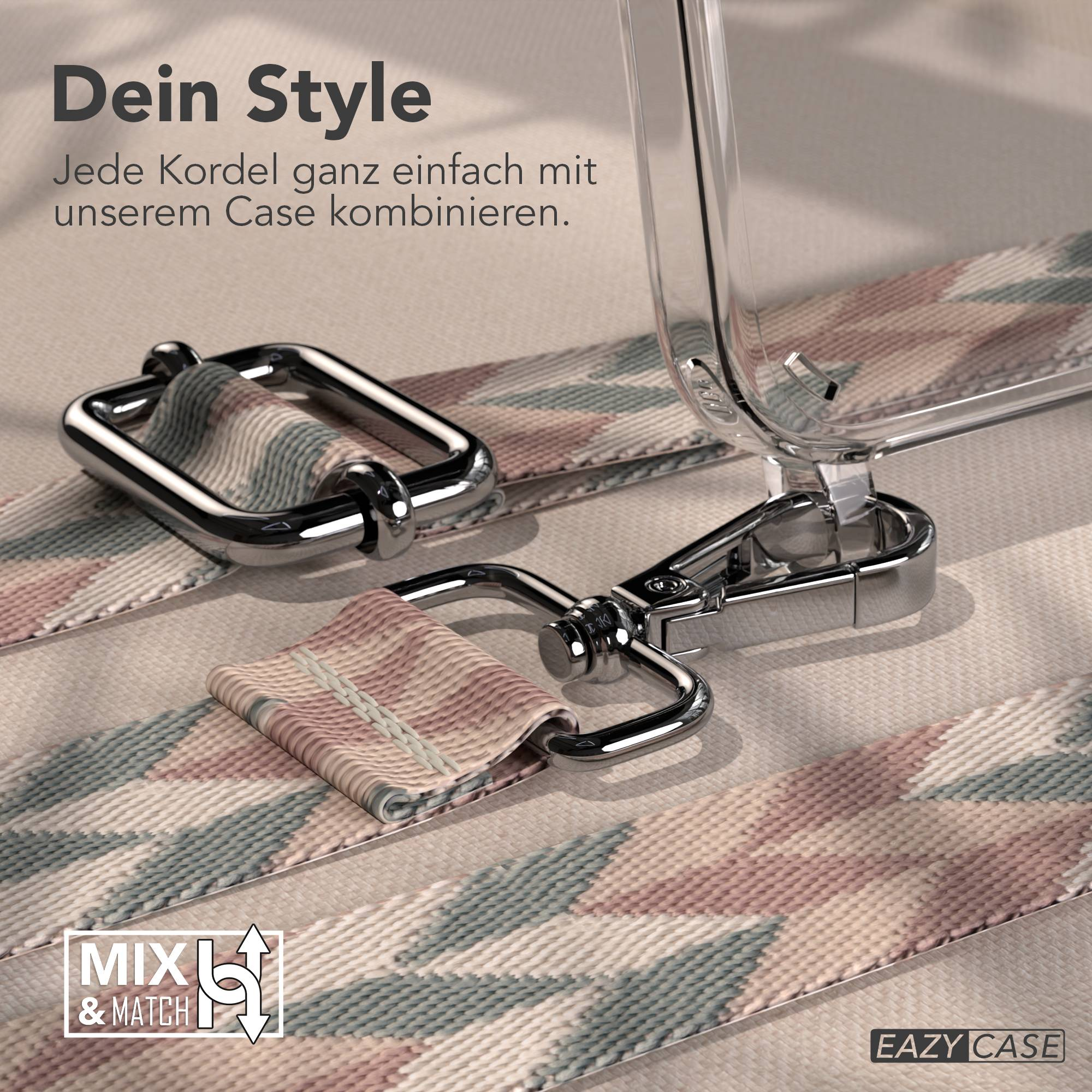 Eine durchsichtige Handyhülle mit gemustertem Band und Metallverschlüssen auf strukturierter Oberfläche.