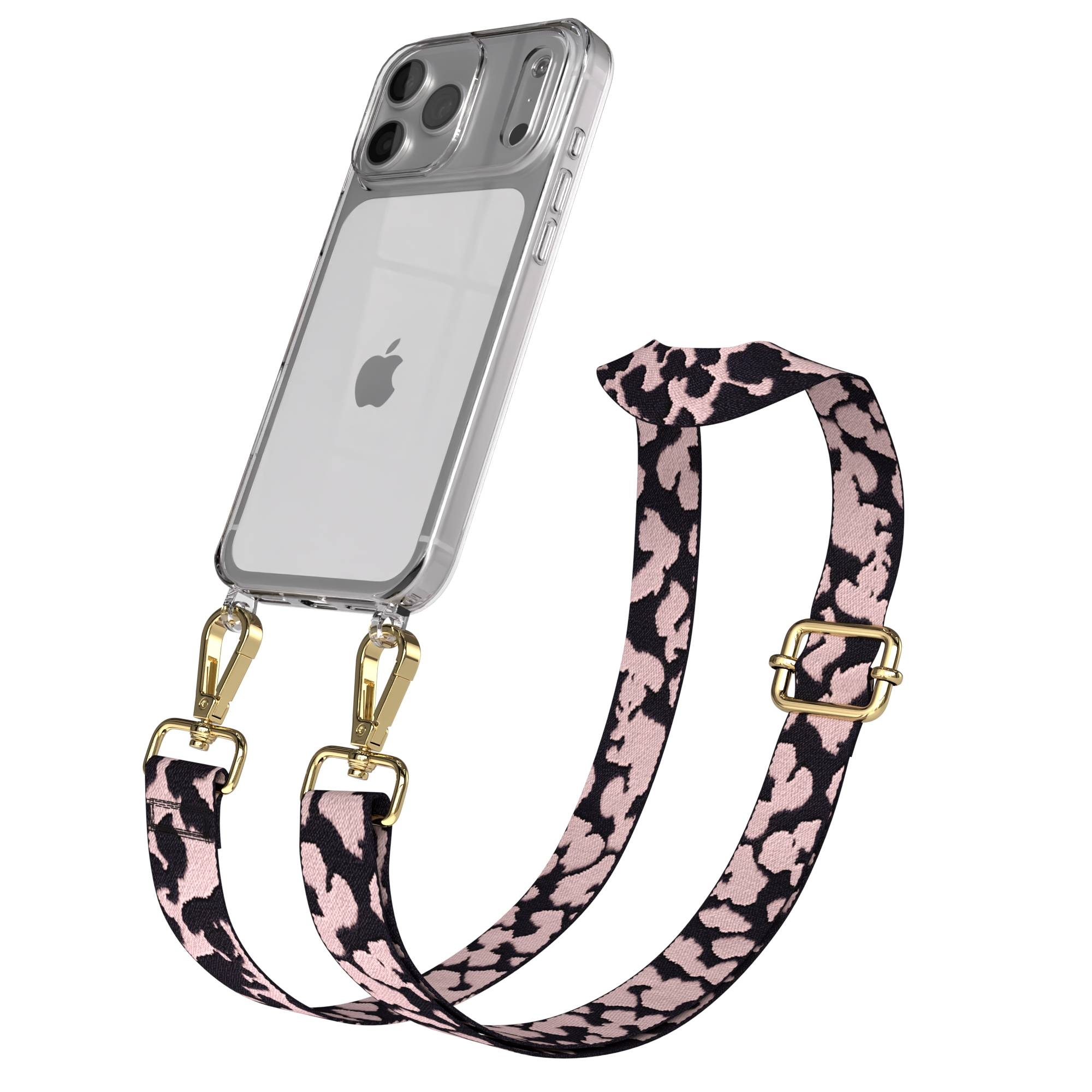 Ein transparentes iPhone-Gehäuse mit einem Leopardenmuster-Riemen und goldenen Beschlägen.