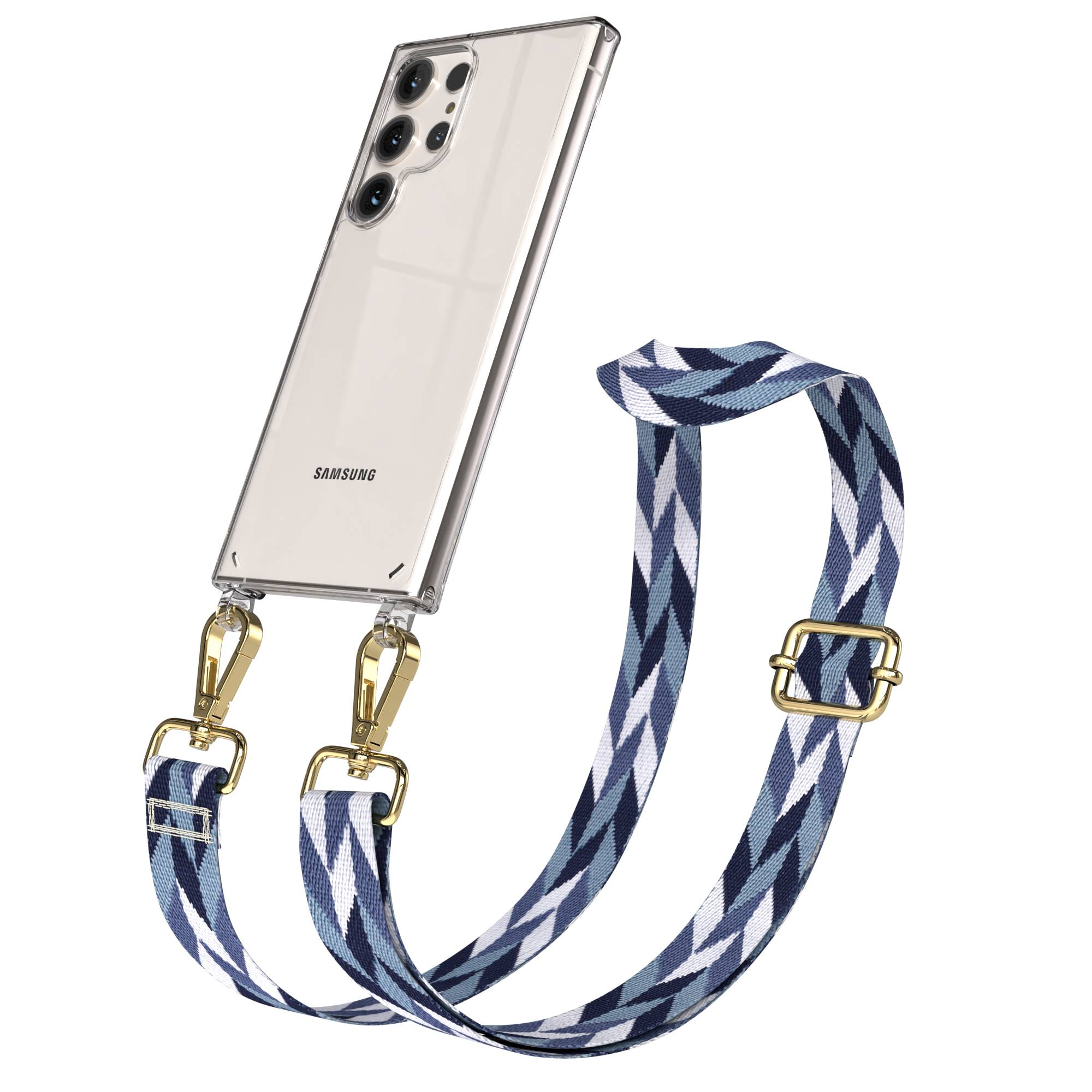 Ein durchsichtiges Samsung Handy mit einem blauen, weißen und dunkelblauen Riemen.