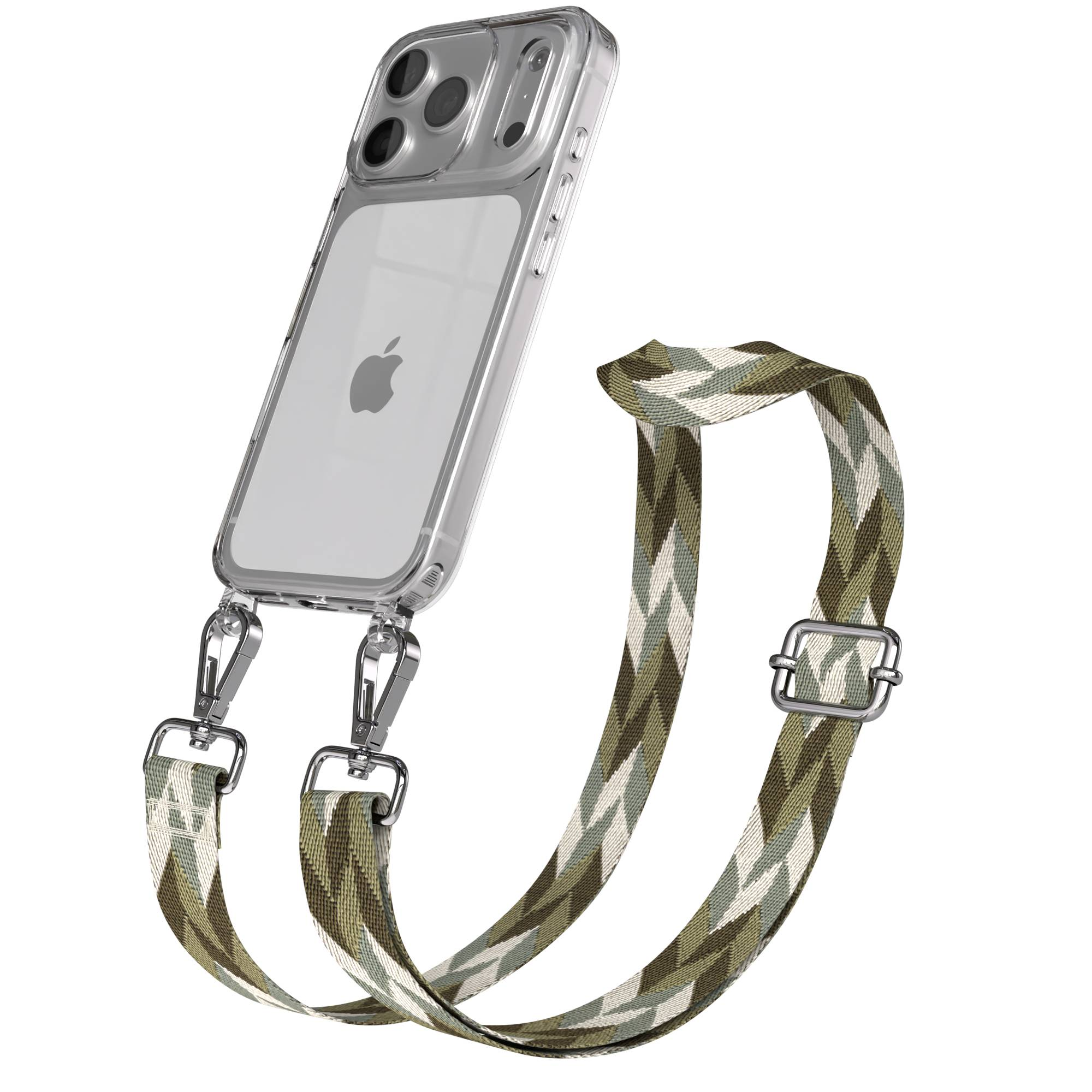Transparente Handyhülle mit grünem, beige und weißem Zickzack-Gurt. Metallverschlüsse befestigen Gurt an Hülle.