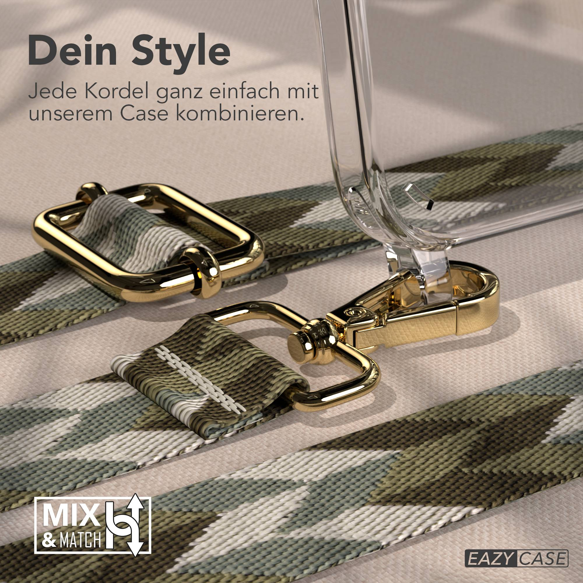 Kamouflagemuster-Kordel mit goldenen Beschlägen und transparentem Case.