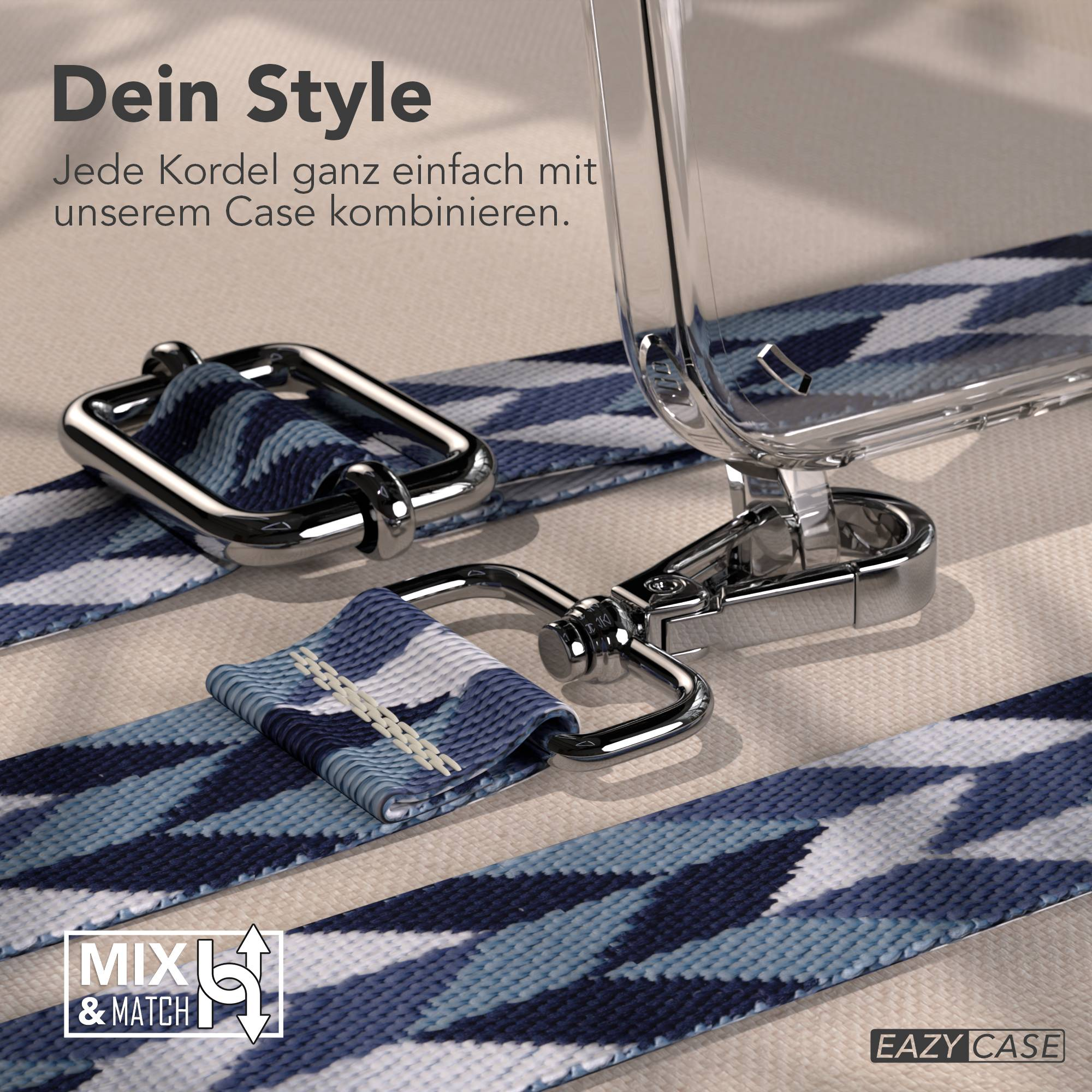 Ein blau-weiß gemustertes Band mit silbernen Beschlägen und einem transparenten Case.