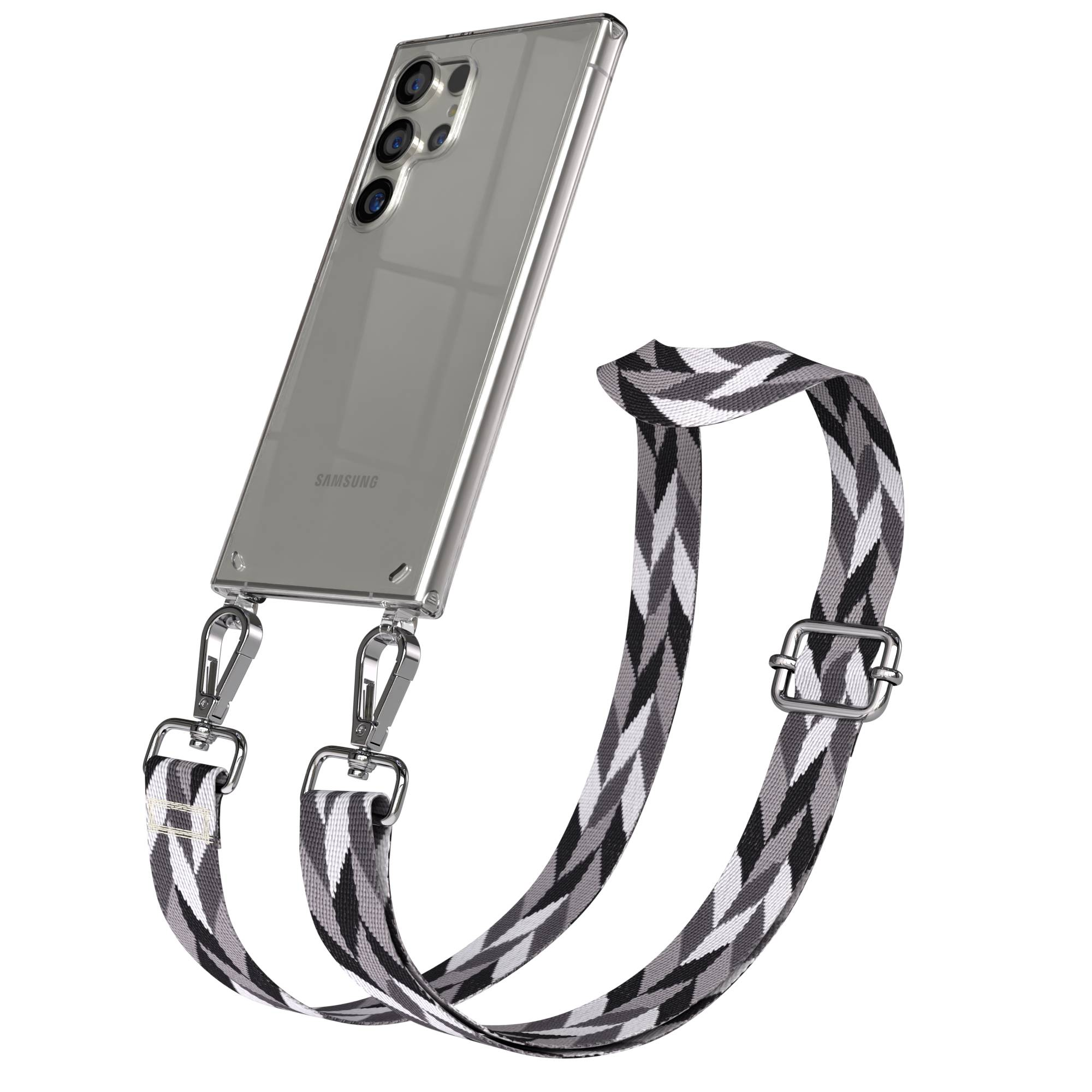 Ein transparentes Samsung-Smartphone mit einem gemusterten Trageriemen in Schwarz, Grau und Weiß.