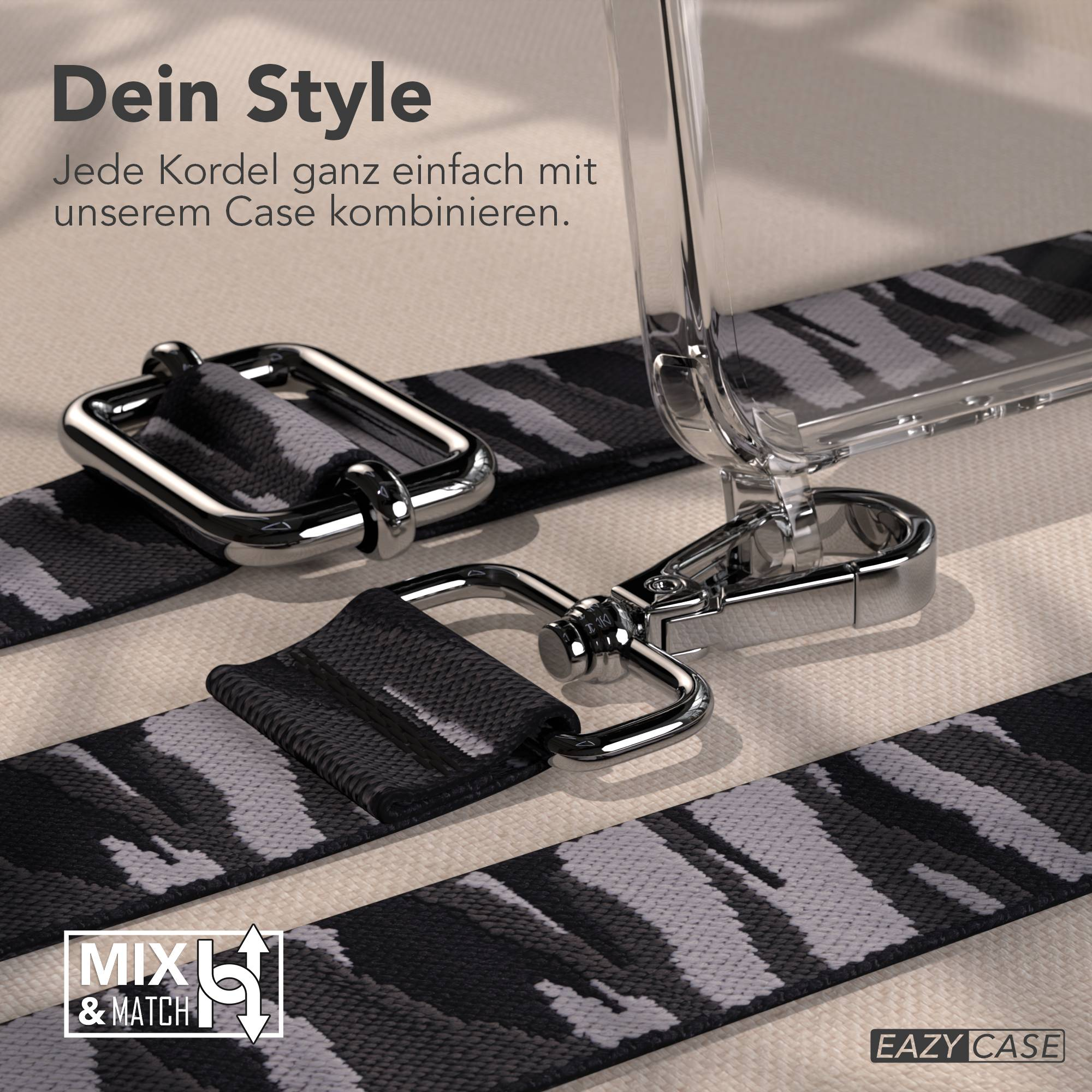 Klare Handyhülle mit Camouflage-Muster-Riemen und Metallclips. Text: 'Dein Style'.