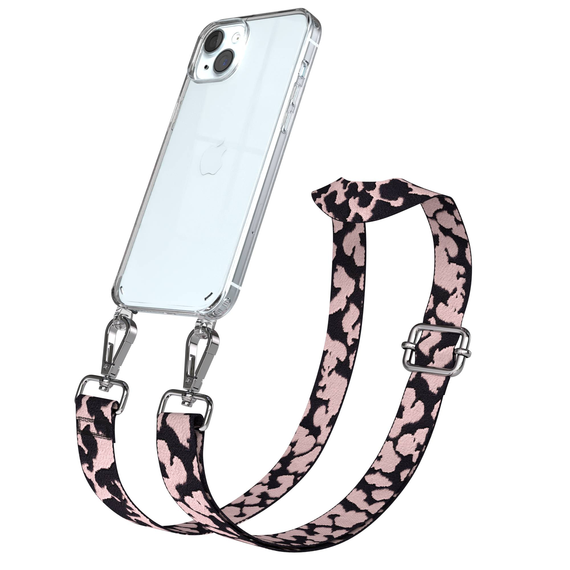 Klare Handyhülle mit pink-schwarzem Leopardenmuster-Gurt und silbernen Verschlüssen.